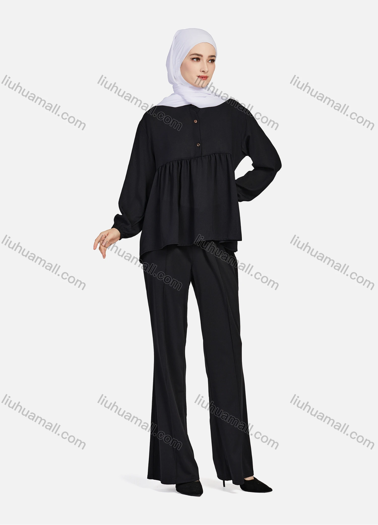 Wholesale Women's Casual Plain Mock Neck Long Sleeve Ruched Ruffle Hem Button Front Top 1404# - Liuhuamall