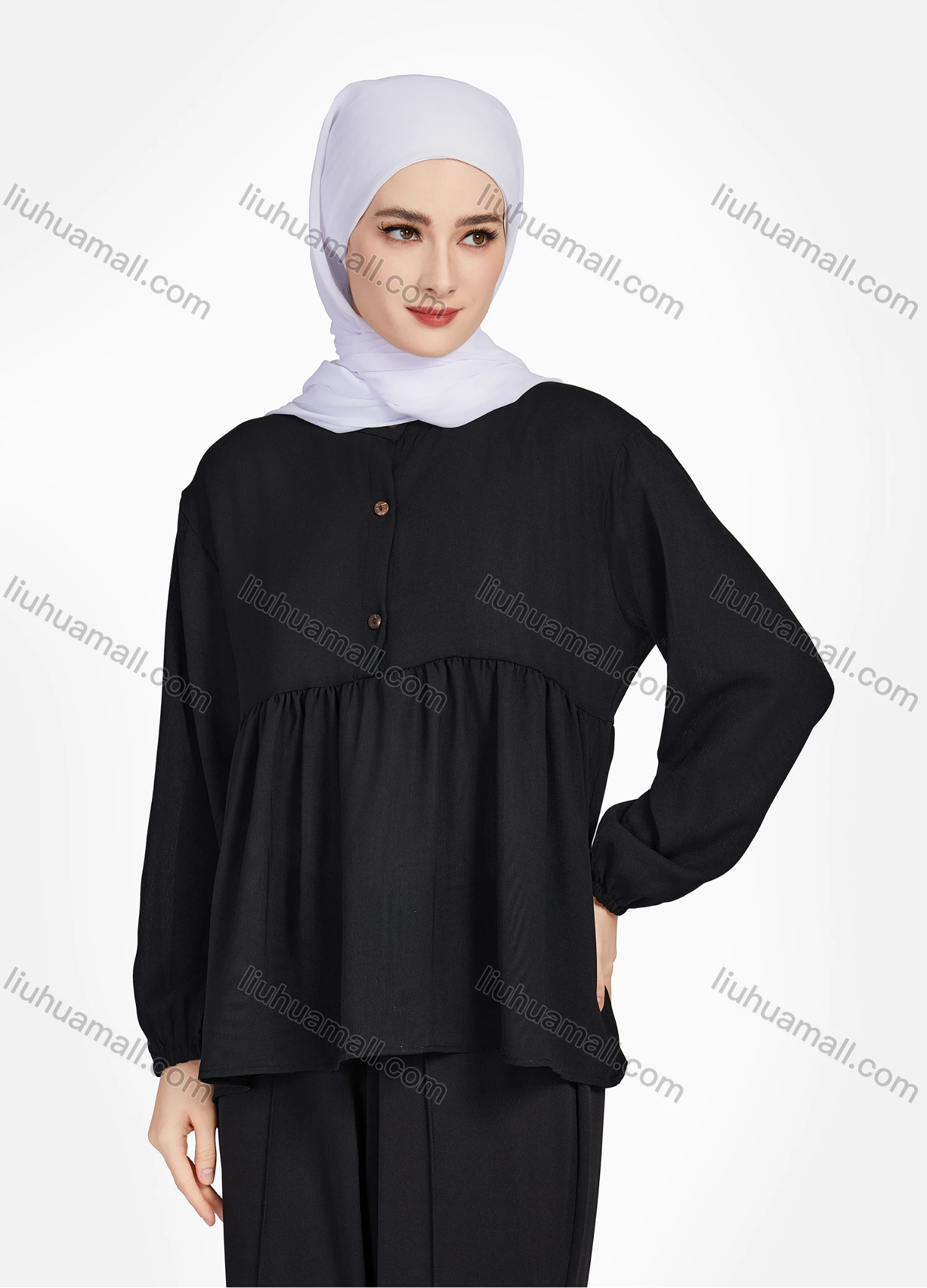 Wholesale Women's Casual Plain Mock Neck Long Sleeve Ruched Ruffle Hem Button Front Top 1404# - Liuhuamall