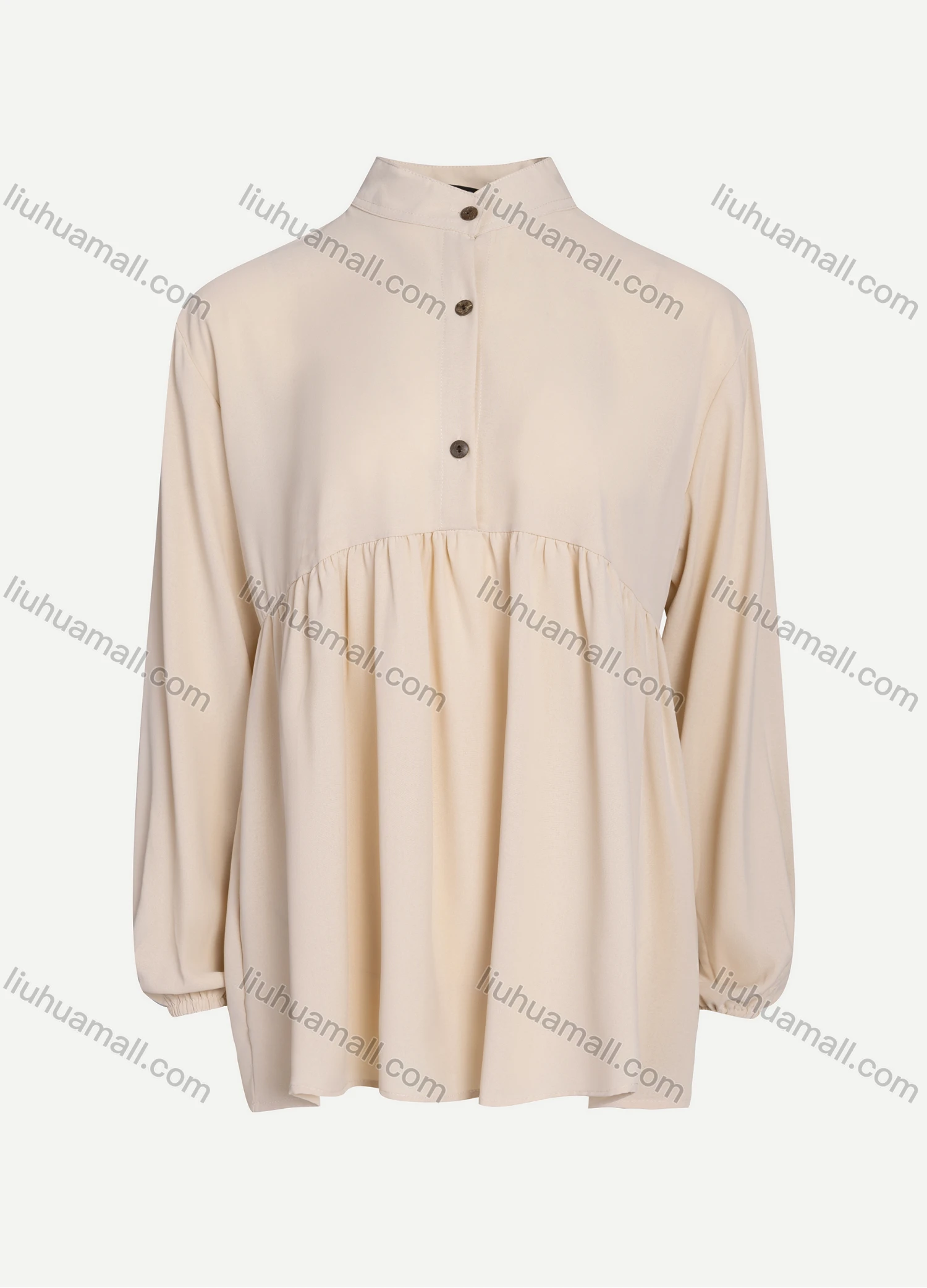 Wholesale Women's Casual Plain Mock Neck Long Sleeve Ruched Ruffle Hem Button Front Top 1404# - Liuhuamall