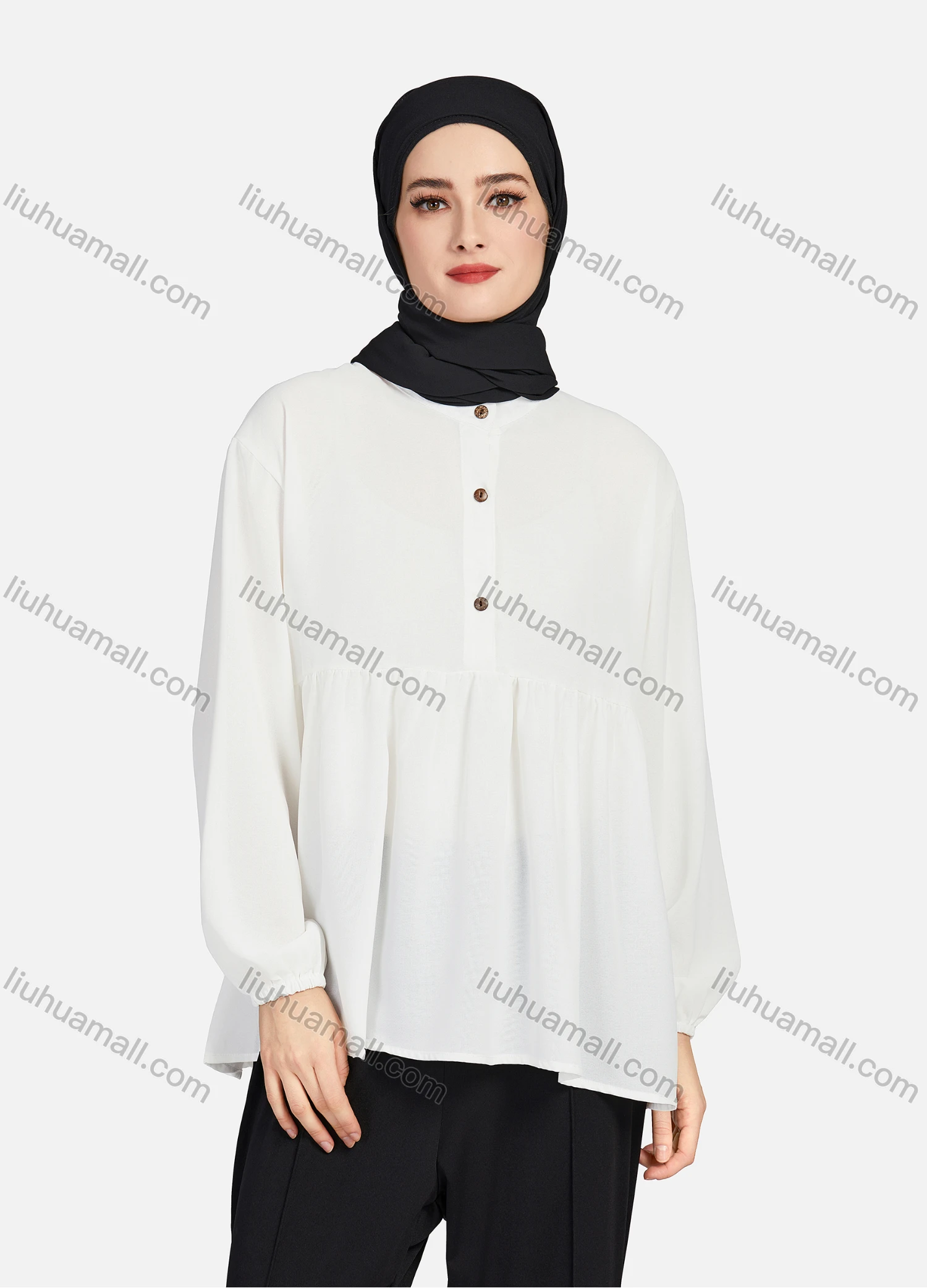 Wholesale Women's Casual Plain Mock Neck Long Sleeve Ruched Ruffle Hem Button Front Top 1404# - Liuhuamall