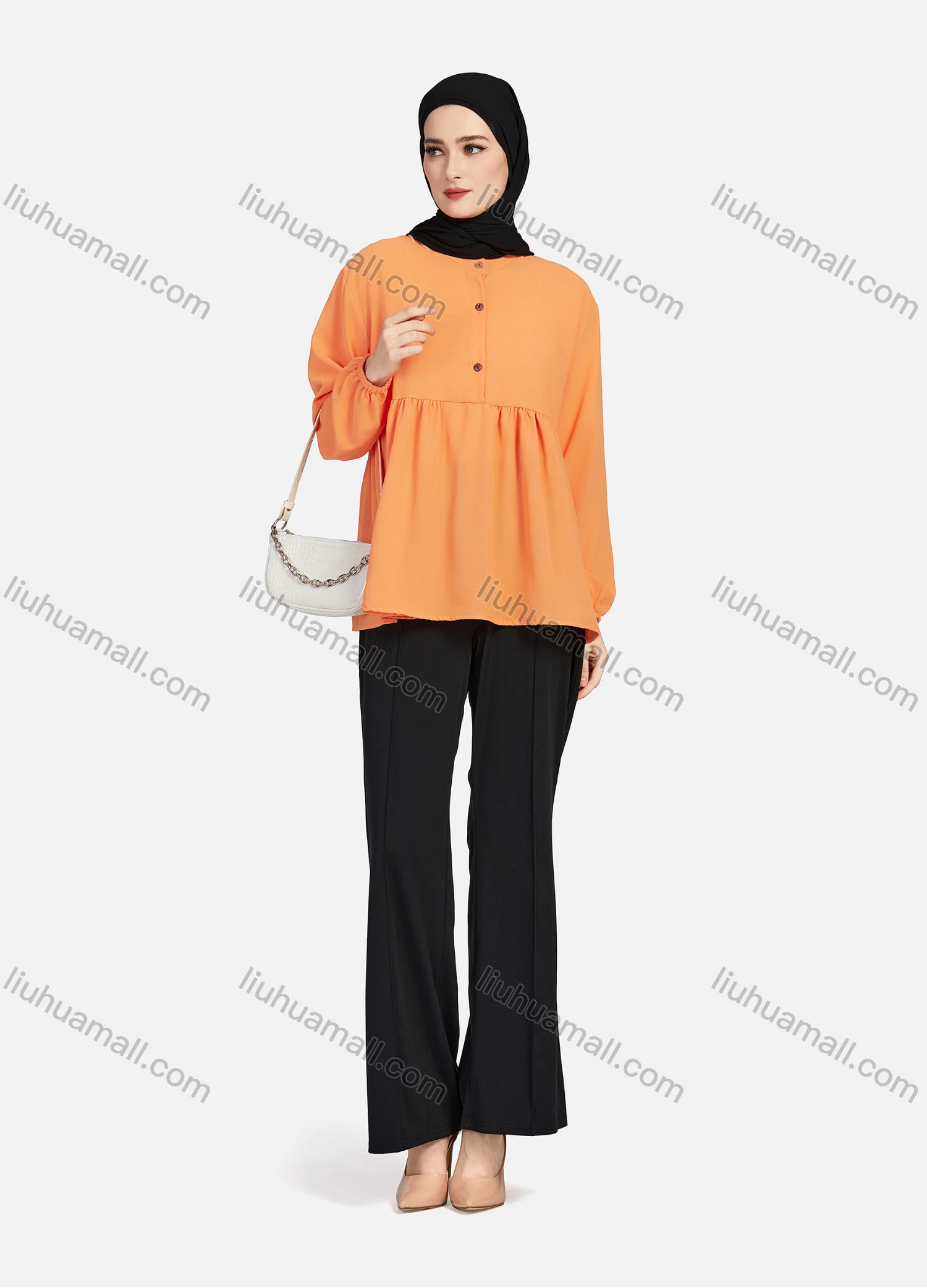 Wholesale Women's Casual Plain Mock Neck Long Sleeve Ruched Ruffle Hem Button Front Top 1404# - Liuhuamall