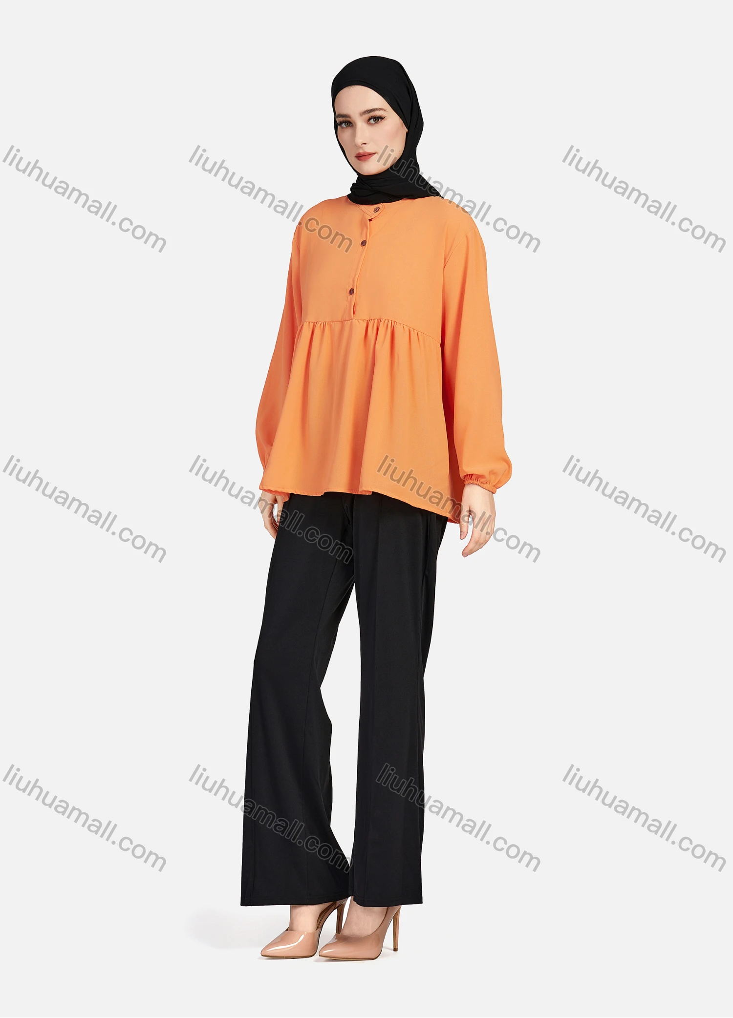 Wholesale Women's Casual Plain Mock Neck Long Sleeve Ruched Ruffle Hem Button Front Top 1404# - Liuhuamall