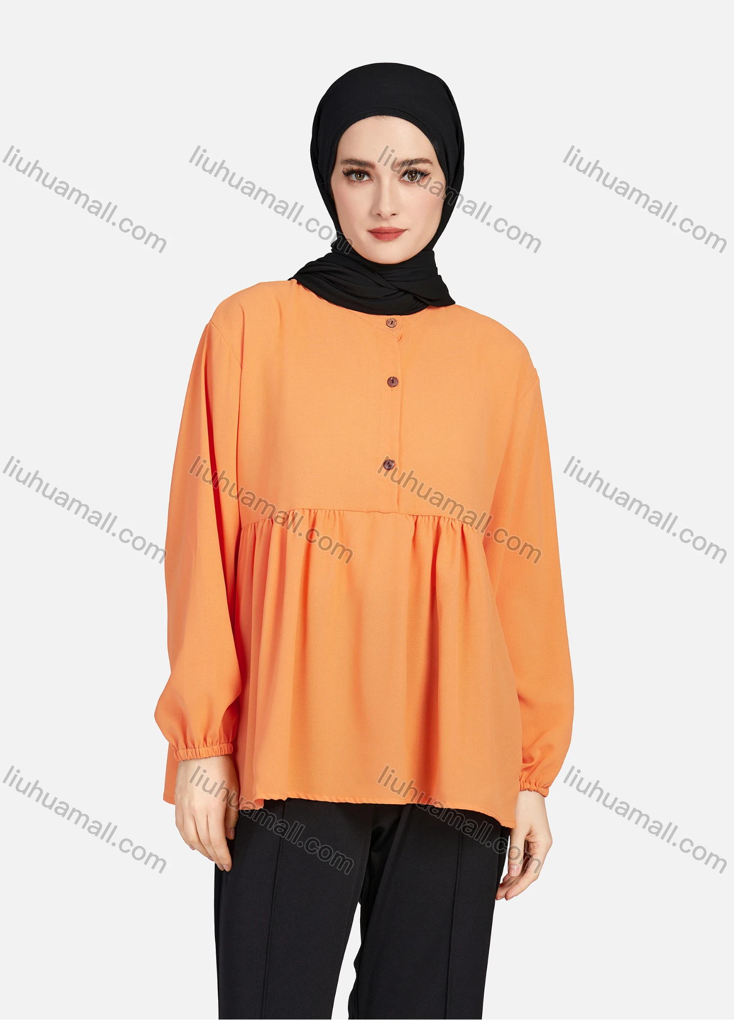 Wholesale Women's Casual Plain Mock Neck Long Sleeve Ruched Ruffle Hem Button Front Top 1404# - Liuhuamall