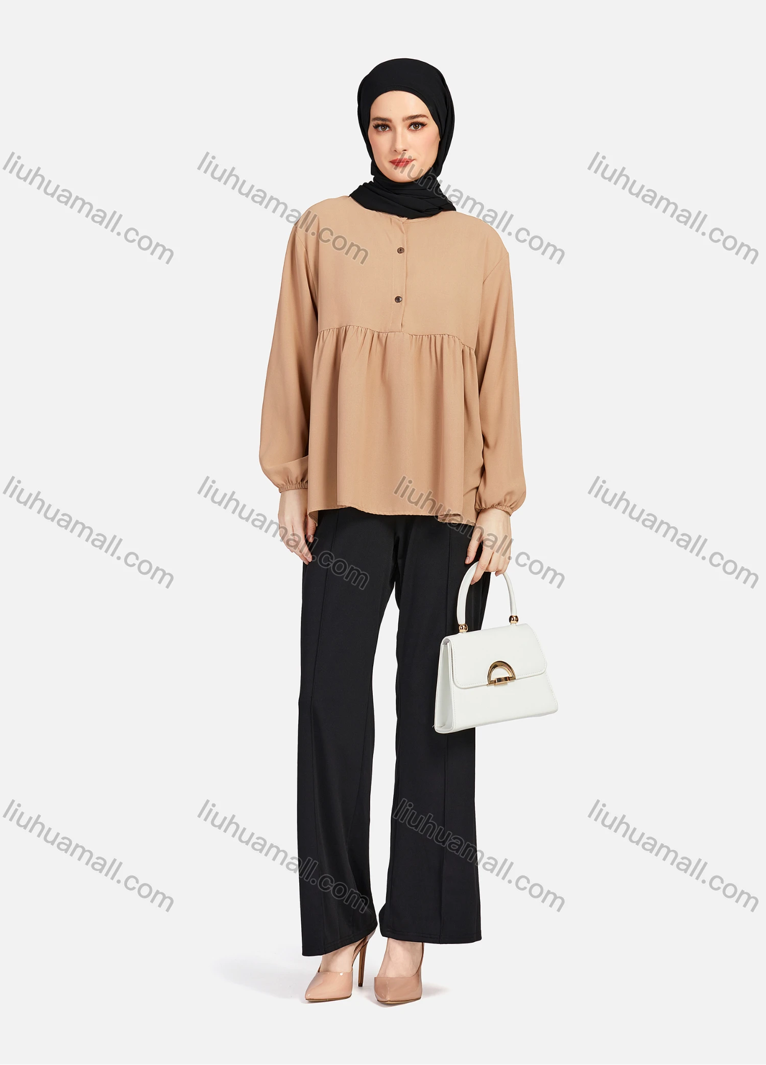 Wholesale Women's Casual Plain Mock Neck Long Sleeve Ruched Ruffle Hem Button Front Top 1404# - Liuhuamall