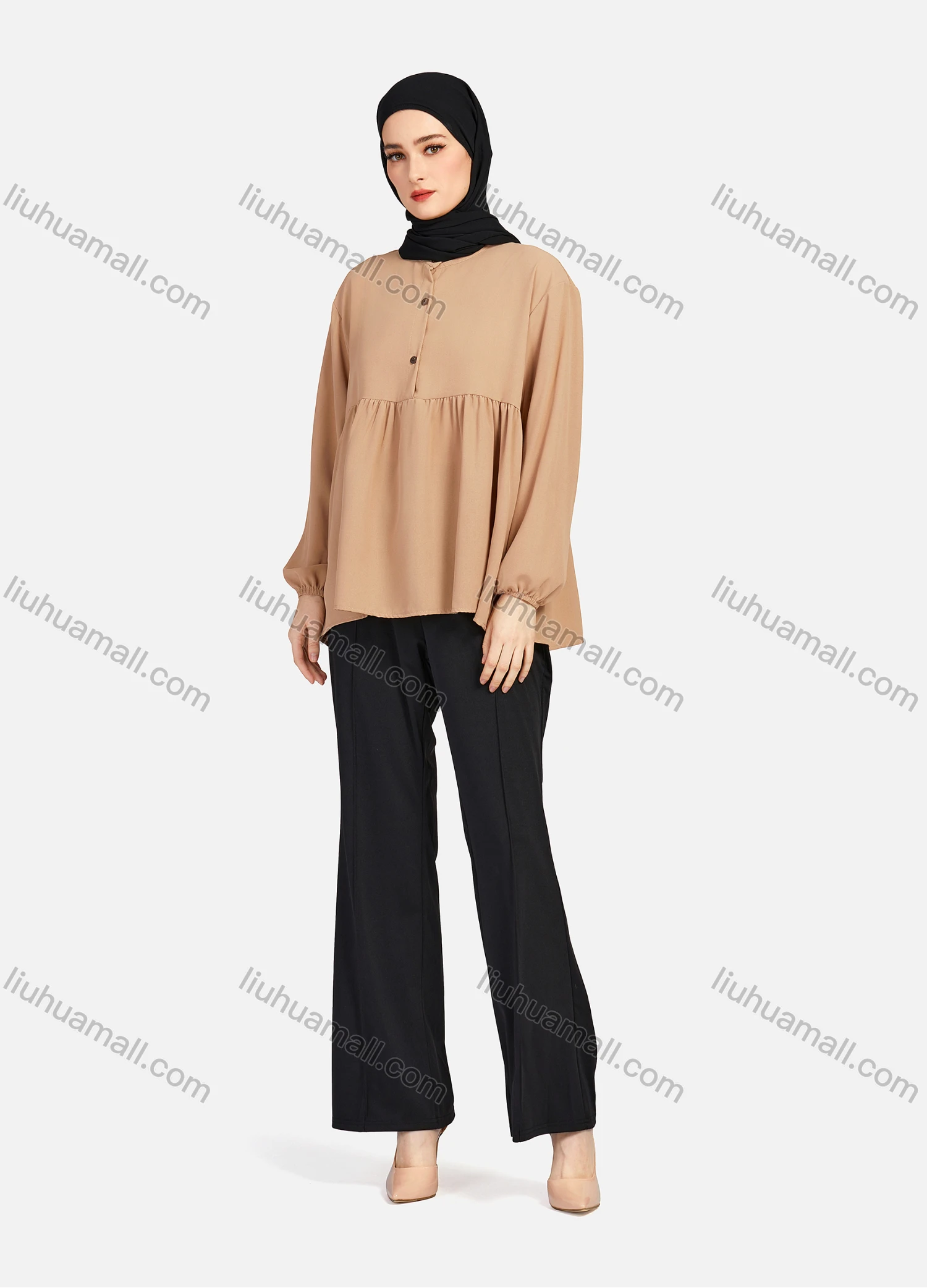 Wholesale Women's Casual Plain Mock Neck Long Sleeve Ruched Ruffle Hem Button Front Top 1404# - Liuhuamall