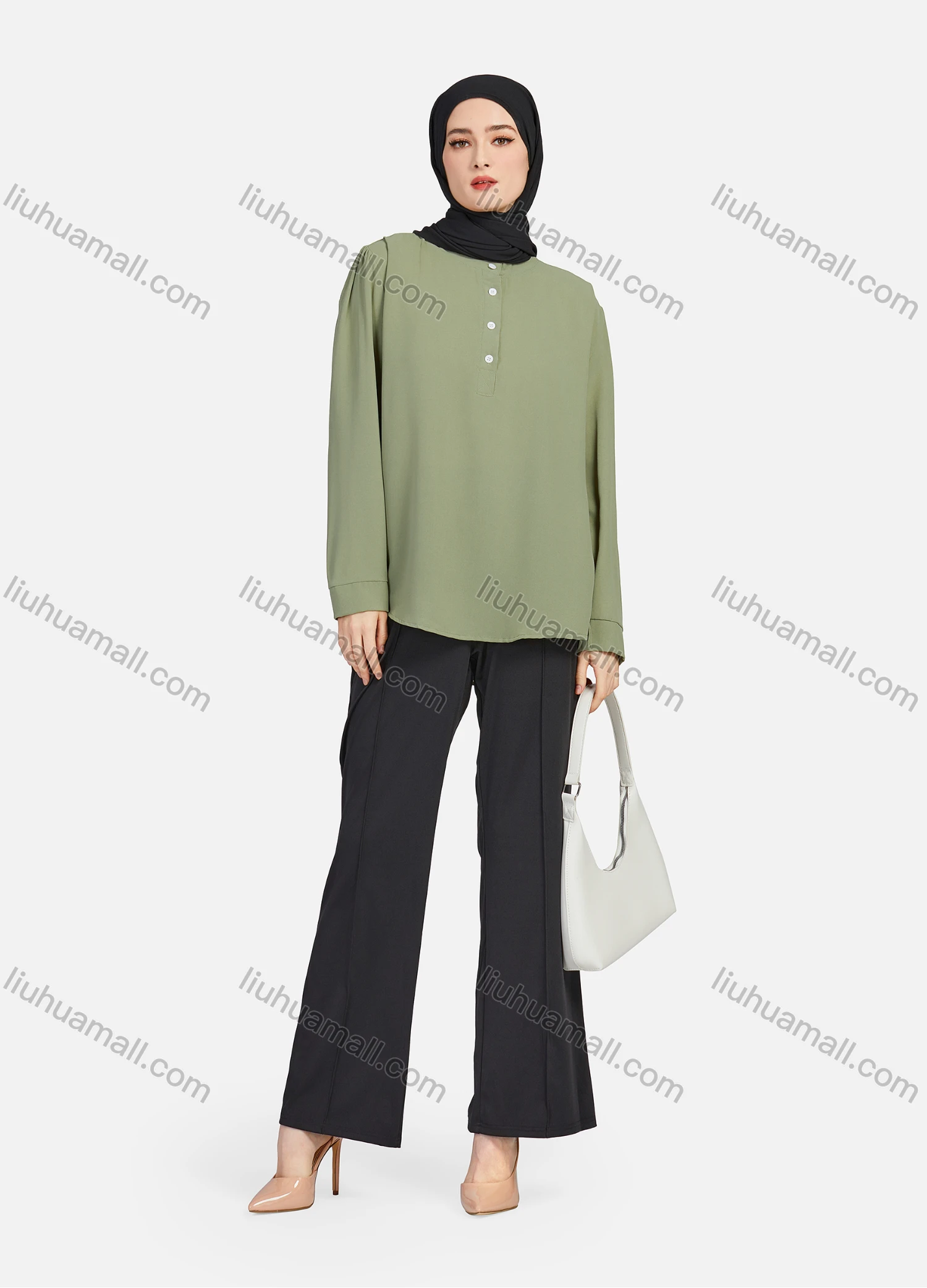 Wholesale Women's Casual Plain Mock Neck Long Sleeve Ruched High Low Hem Button Front Top 1406# - Liuhuamall