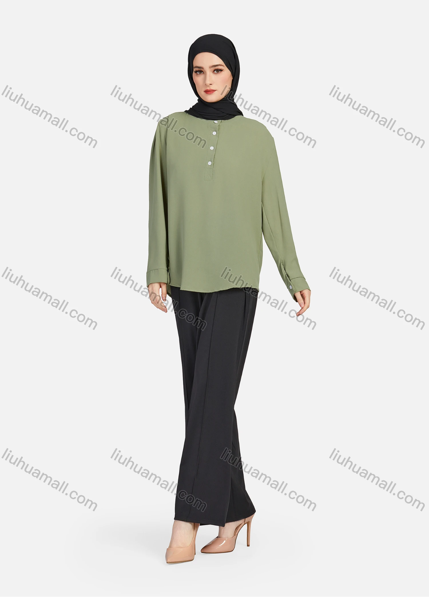 Wholesale Women's Casual Plain Mock Neck Long Sleeve Ruched High Low Hem Button Front Top 1406# - Liuhuamall