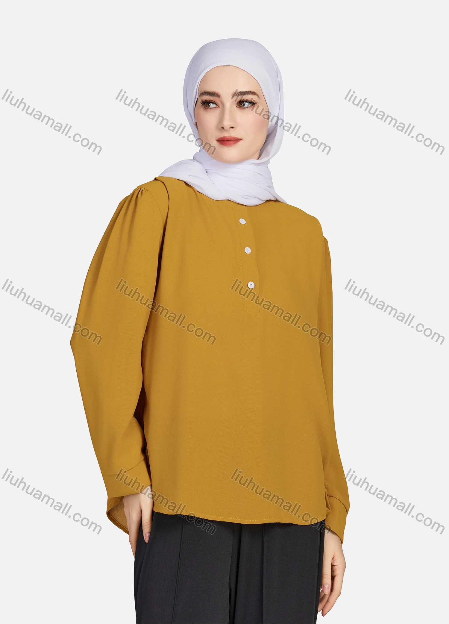 Wholesale Women's Casual Plain Mock Neck Long Sleeve Ruched High Low Hem Button Front Top 1406# - Liuhuamall