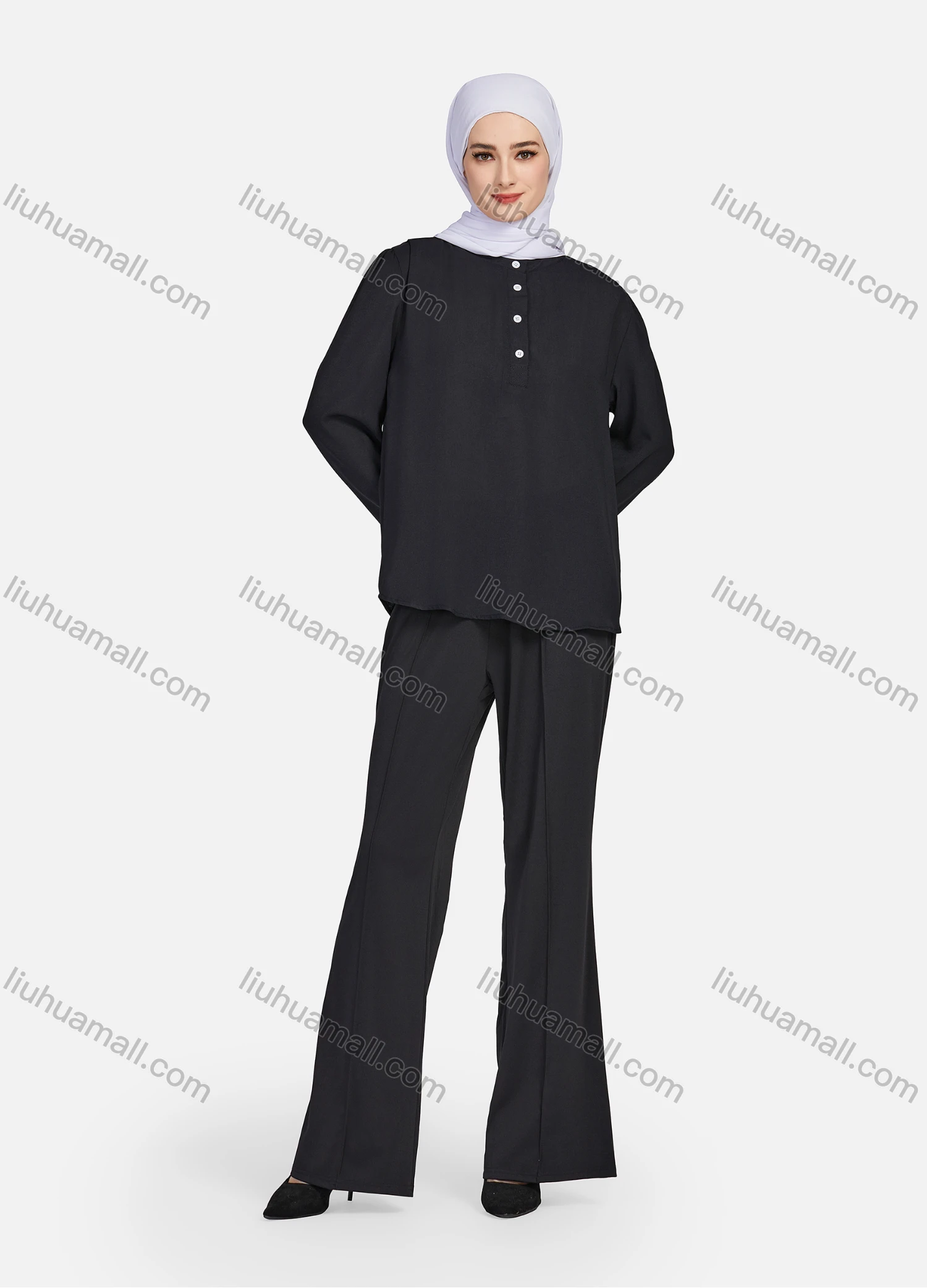 Wholesale Women's Casual Plain Mock Neck Long Sleeve Ruched High Low Hem Button Front Top 1406# - Liuhuamall