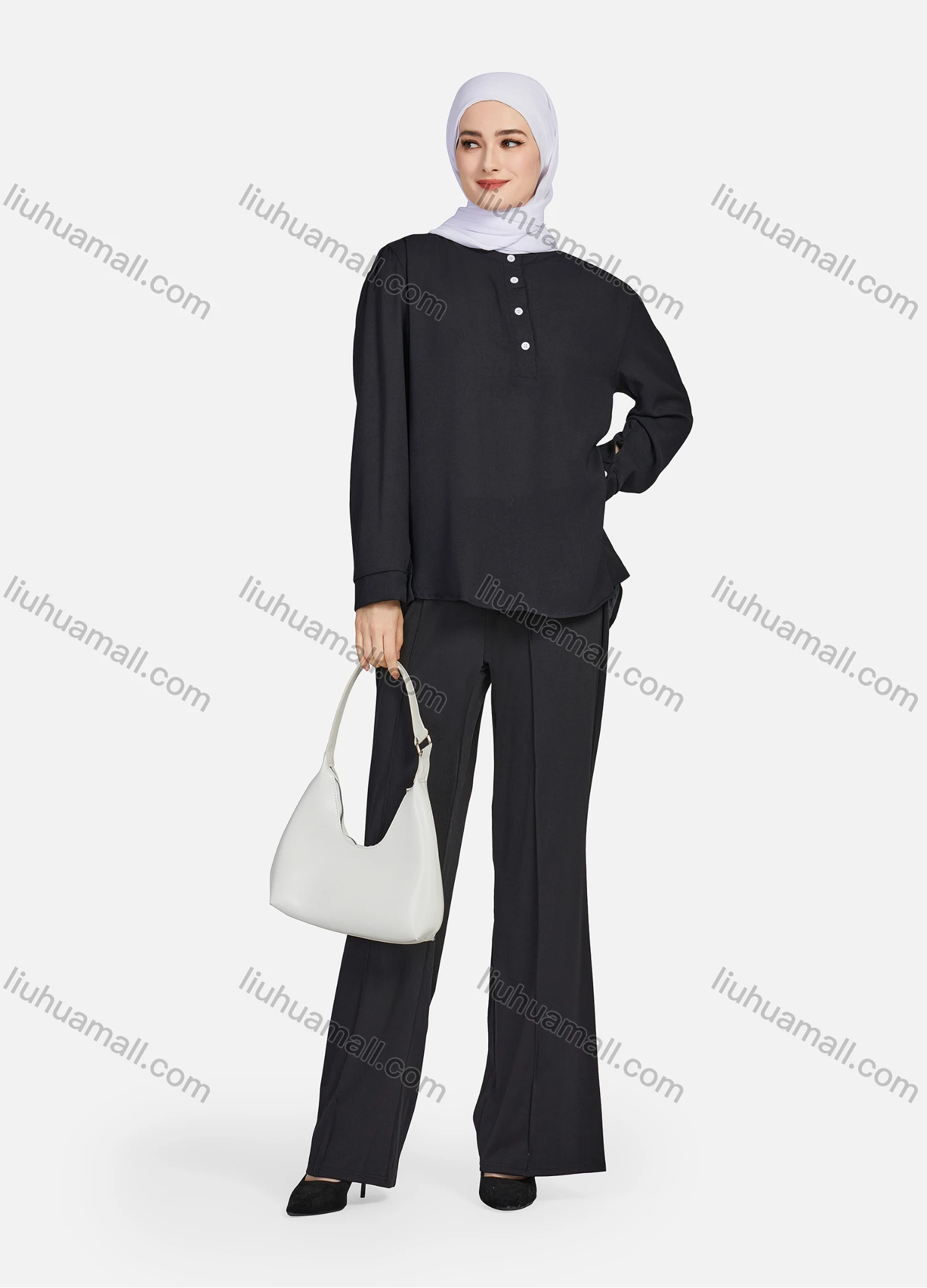 Wholesale Women's Casual Plain Mock Neck Long Sleeve Ruched High Low Hem Button Front Top 1406# - Liuhuamall