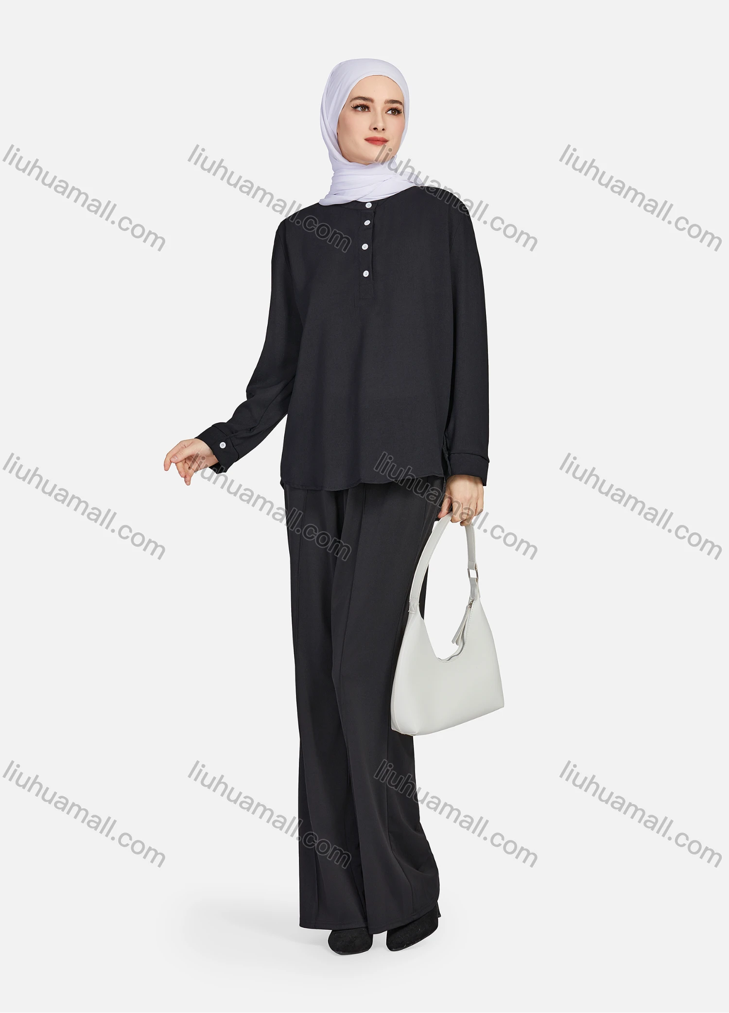 Wholesale Women's Casual Plain Mock Neck Long Sleeve Ruched High Low Hem Button Front Top 1406# - Liuhuamall