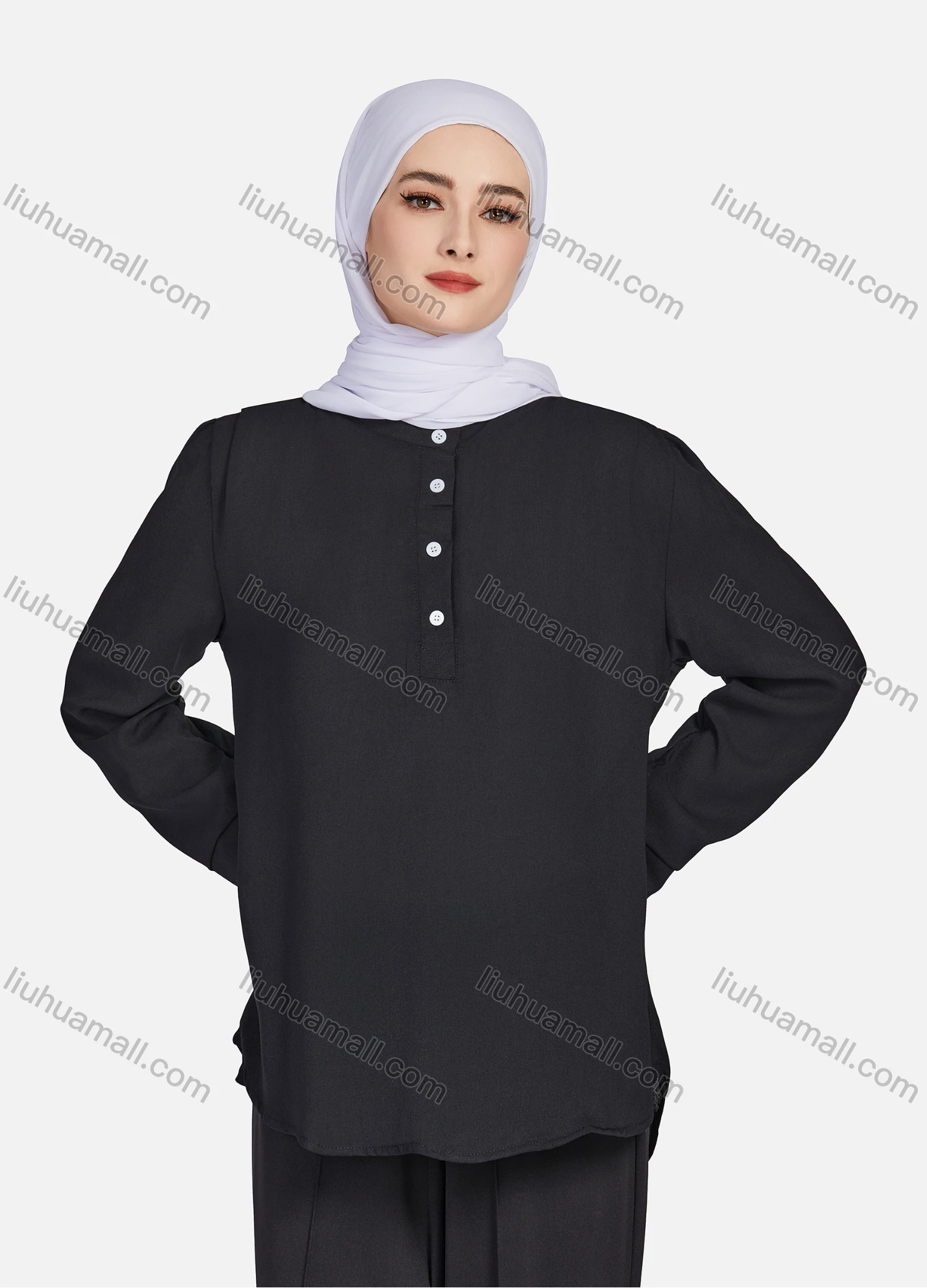 Wholesale Women's Casual Plain Mock Neck Long Sleeve Ruched High Low Hem Button Front Top 1406# - Liuhuamall