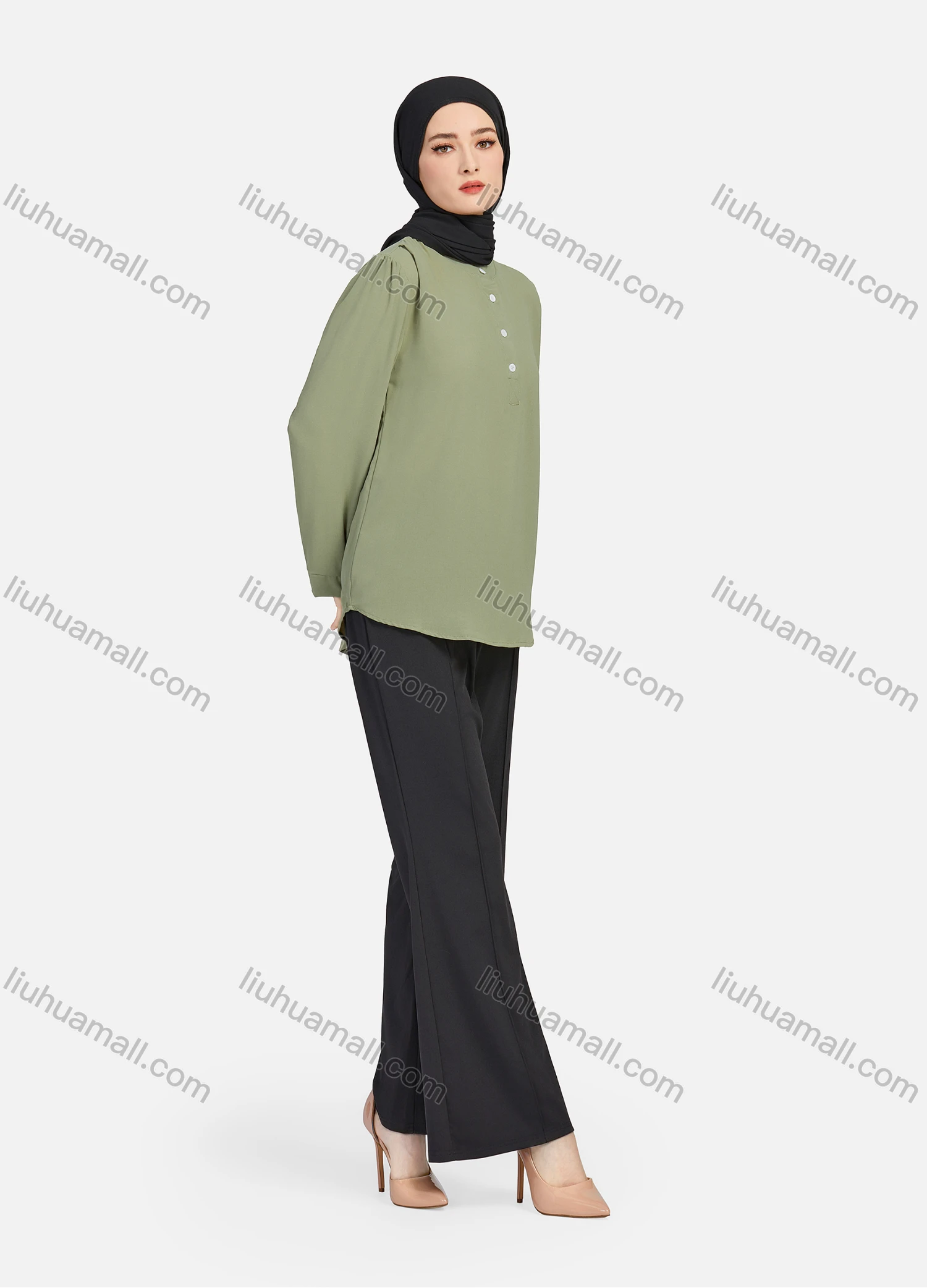 Wholesale Women's Casual Plain Mock Neck Long Sleeve Ruched High Low Hem Button Front Top 1406# - Liuhuamall