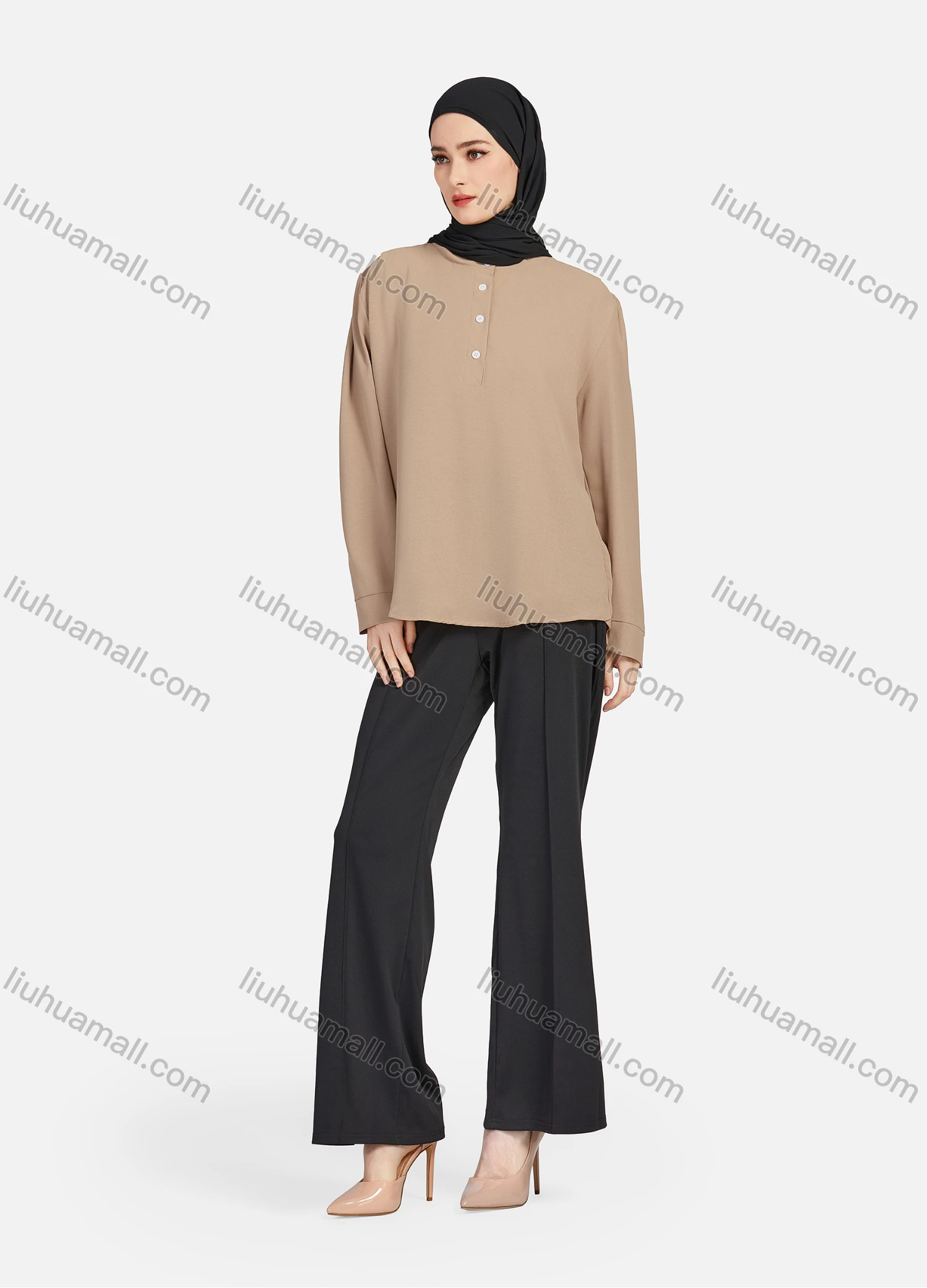 Wholesale Women's Casual Plain Mock Neck Long Sleeve Ruched High Low Hem Button Front Top 1406# - Liuhuamall