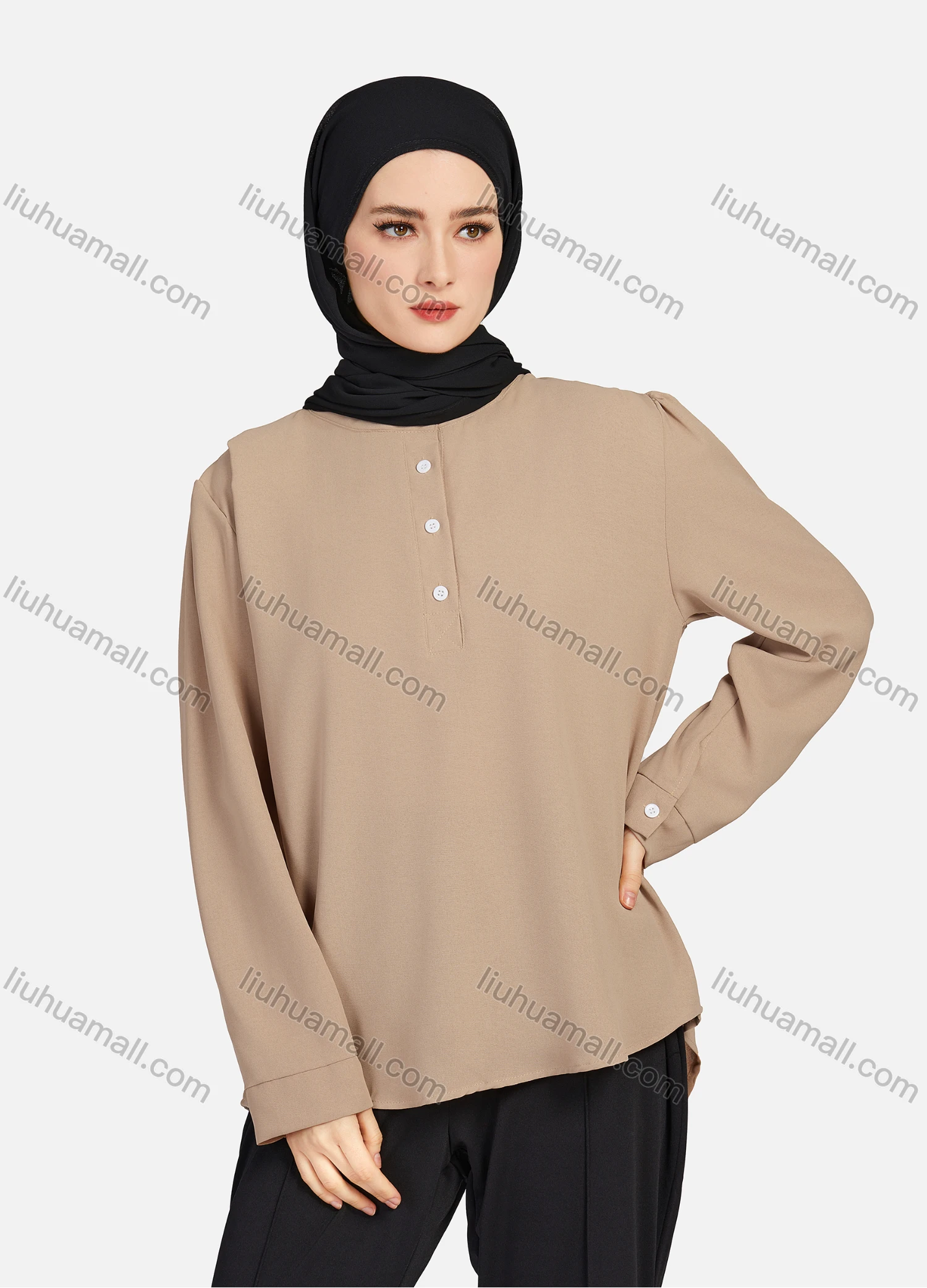 Wholesale Women's Casual Plain Mock Neck Long Sleeve Ruched High Low Hem Button Front Top 1406# - Liuhuamall