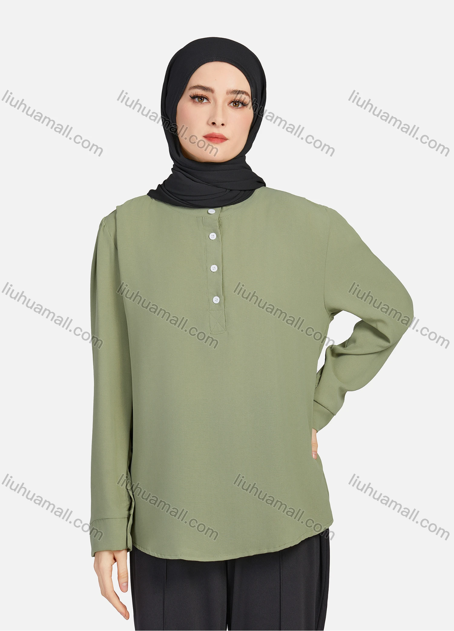 Wholesale Women's Casual Plain Mock Neck Long Sleeve Ruched High Low Hem Button Front Top 1406# - Liuhuamall