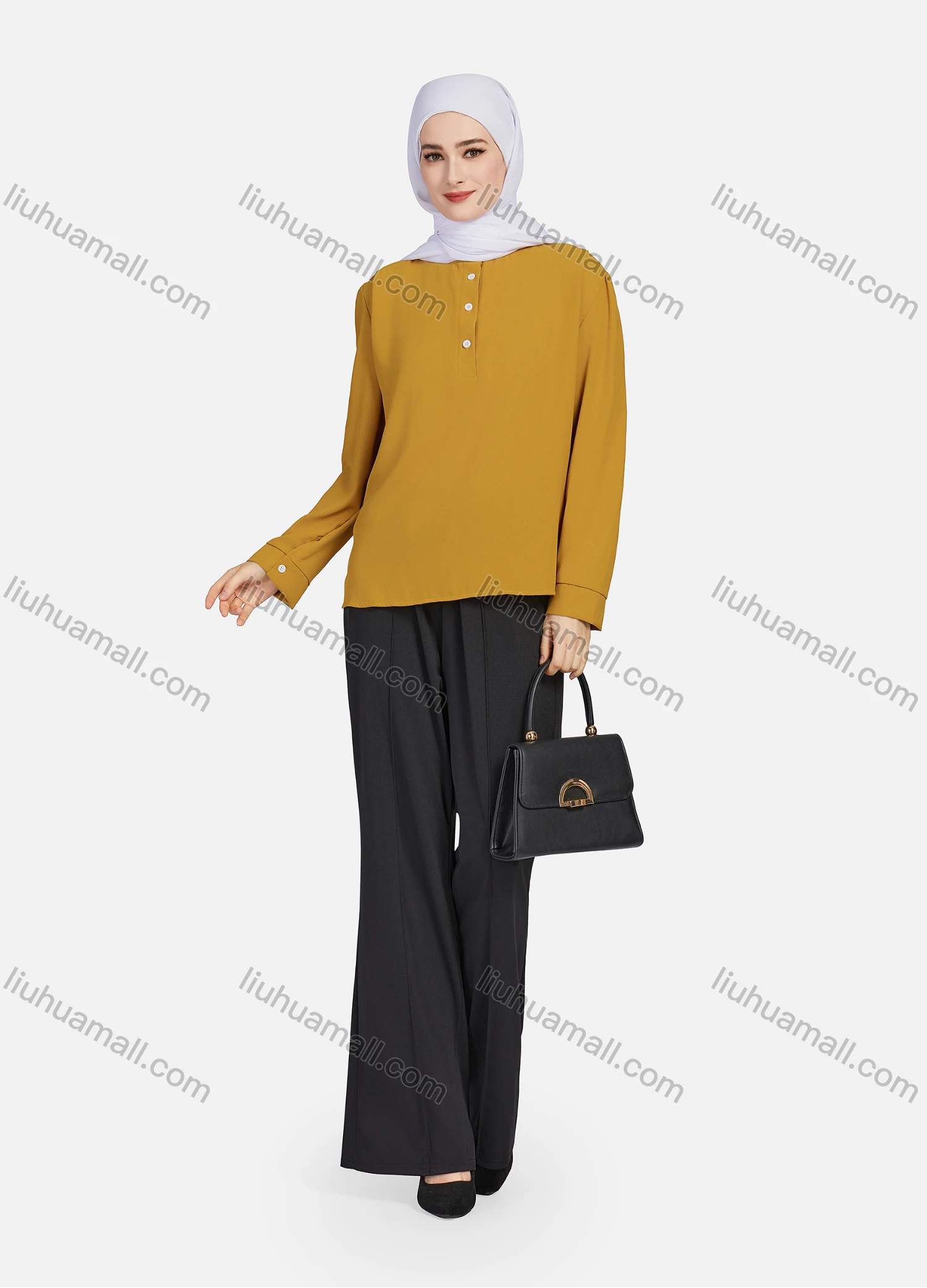 Wholesale Women's Casual Plain Mock Neck Long Sleeve Ruched High Low Hem Button Front Top 1406# - Liuhuamall