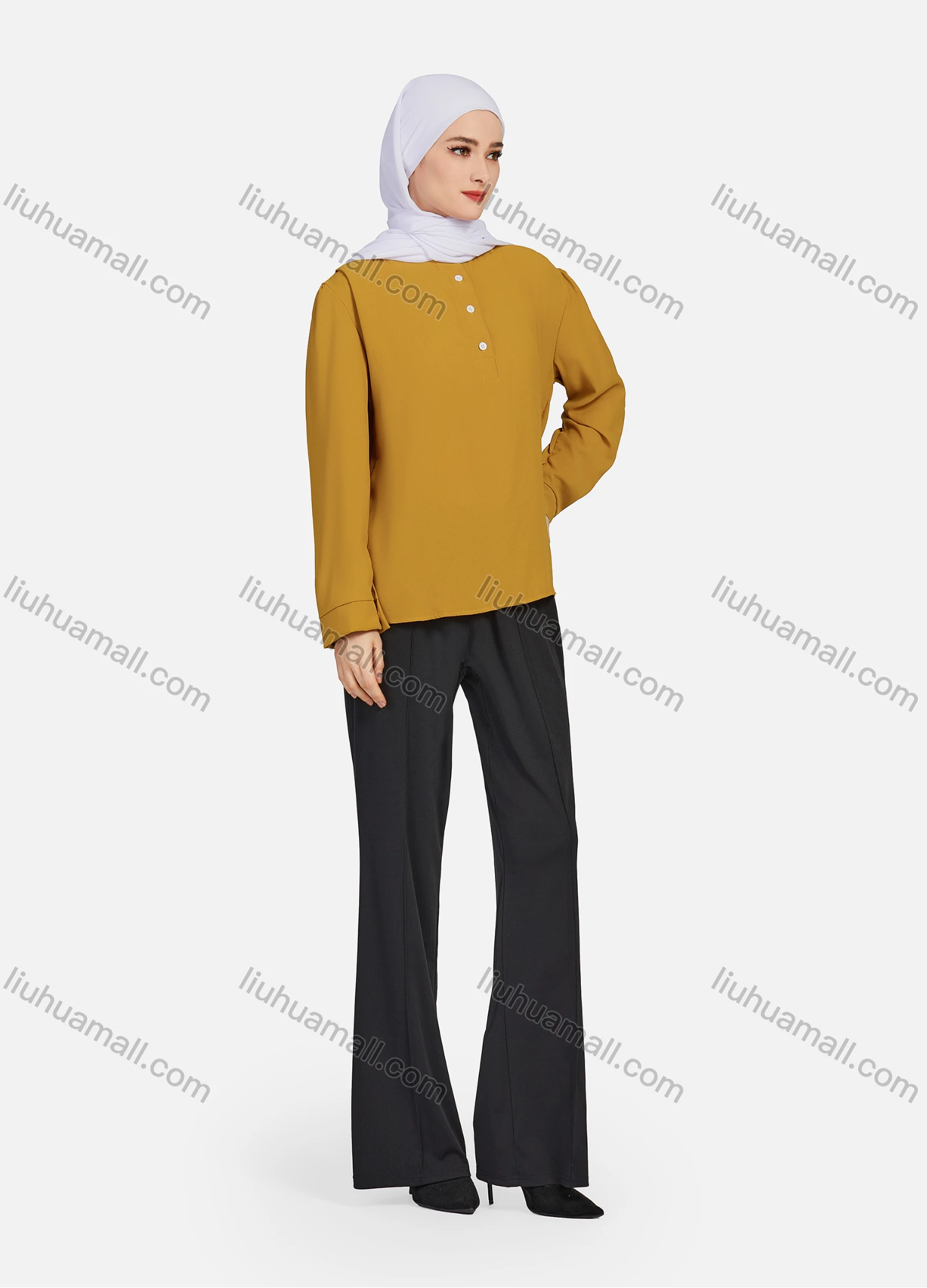 Wholesale Women's Casual Plain Mock Neck Long Sleeve Ruched High Low Hem Button Front Top 1406# - Liuhuamall