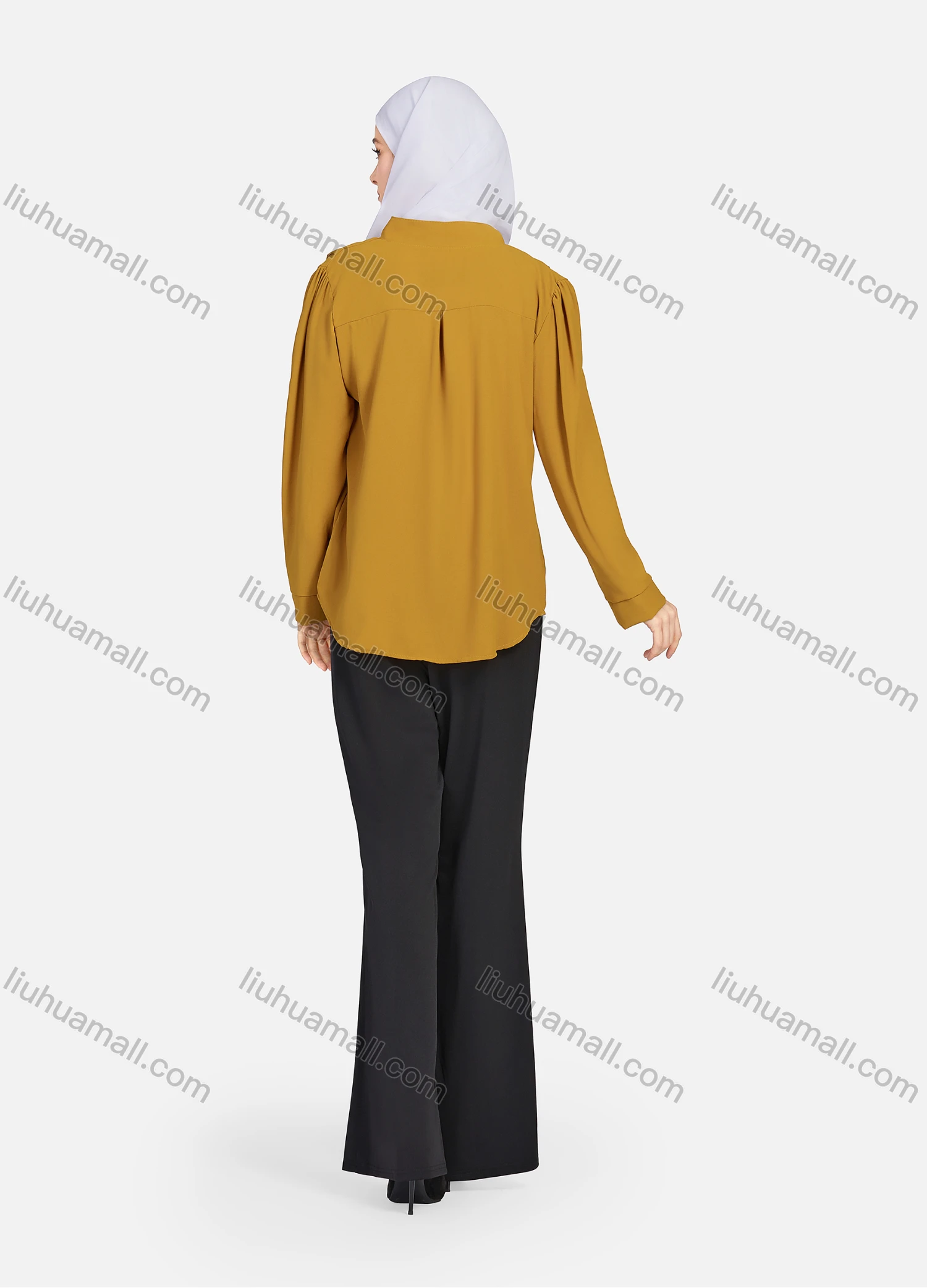 Wholesale Women's Casual Plain Mock Neck Long Sleeve Ruched High Low Hem Button Front Top 1406# - Liuhuamall