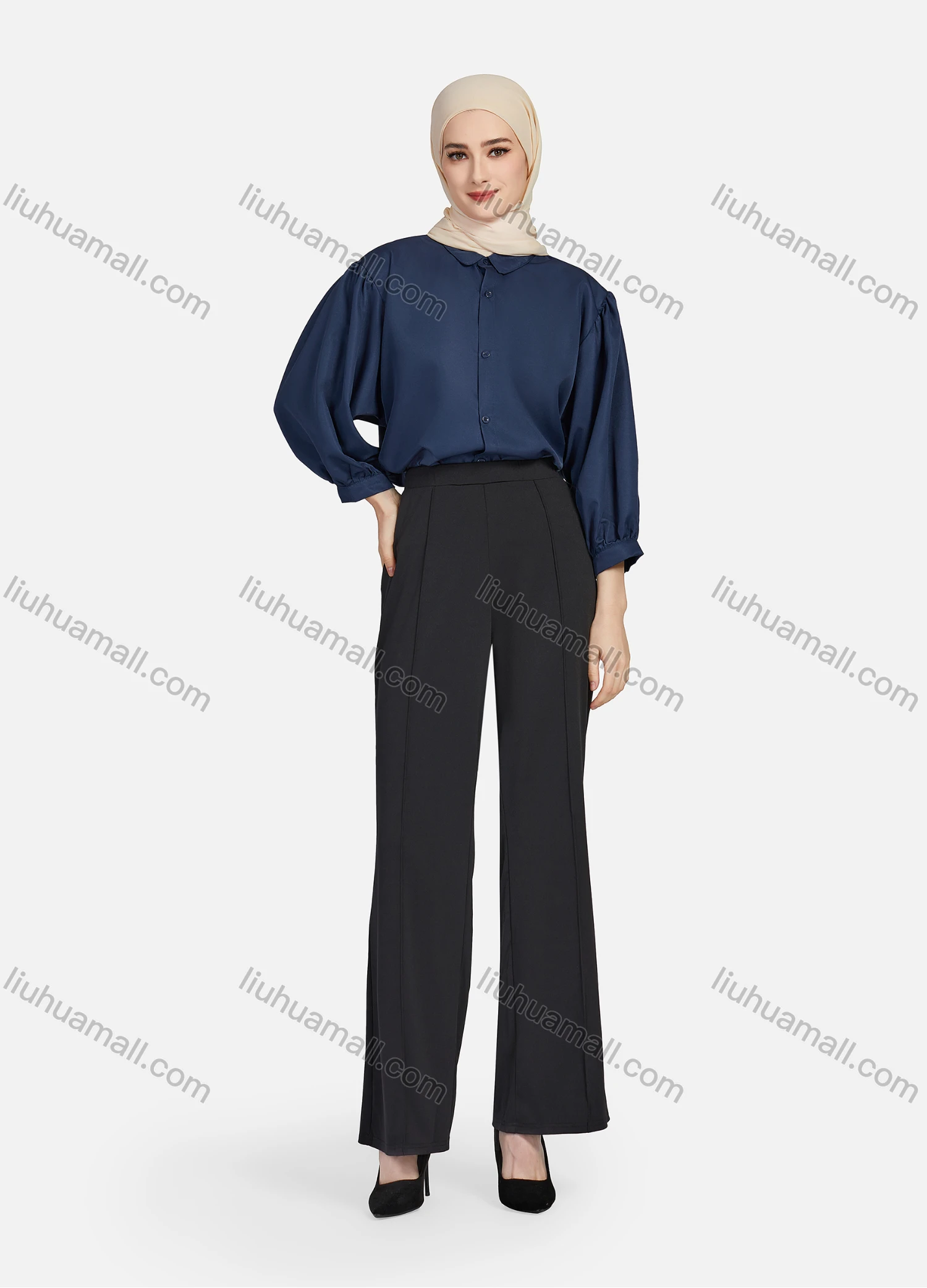 Wholesale Women's Casual Plain Collared 3/4 Sleeve Ruched Button Down Top 1412# - Liuhuamall