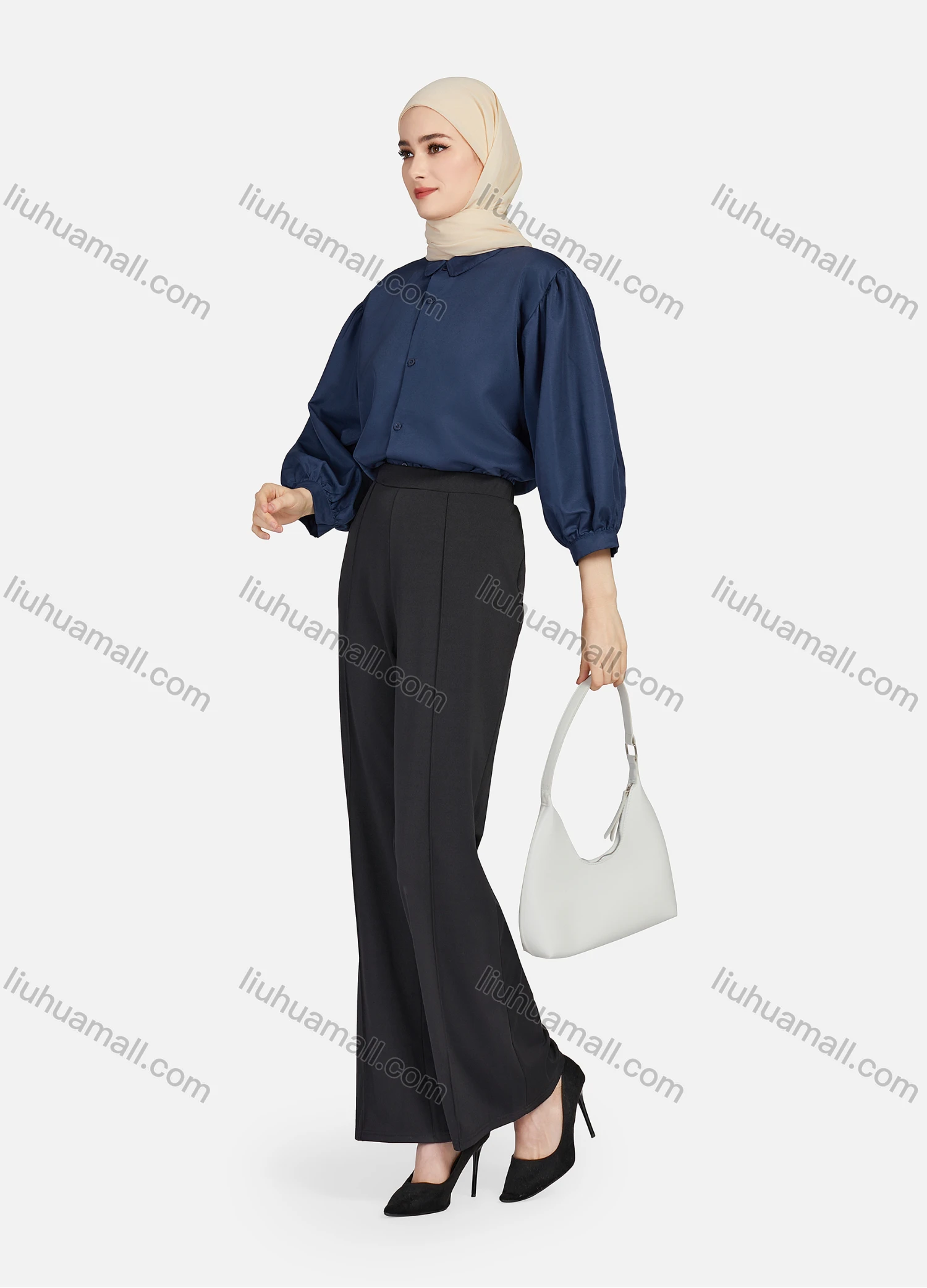 Wholesale Women's Casual Plain Collared 3/4 Sleeve Ruched Button Down Top 1412# - Liuhuamall