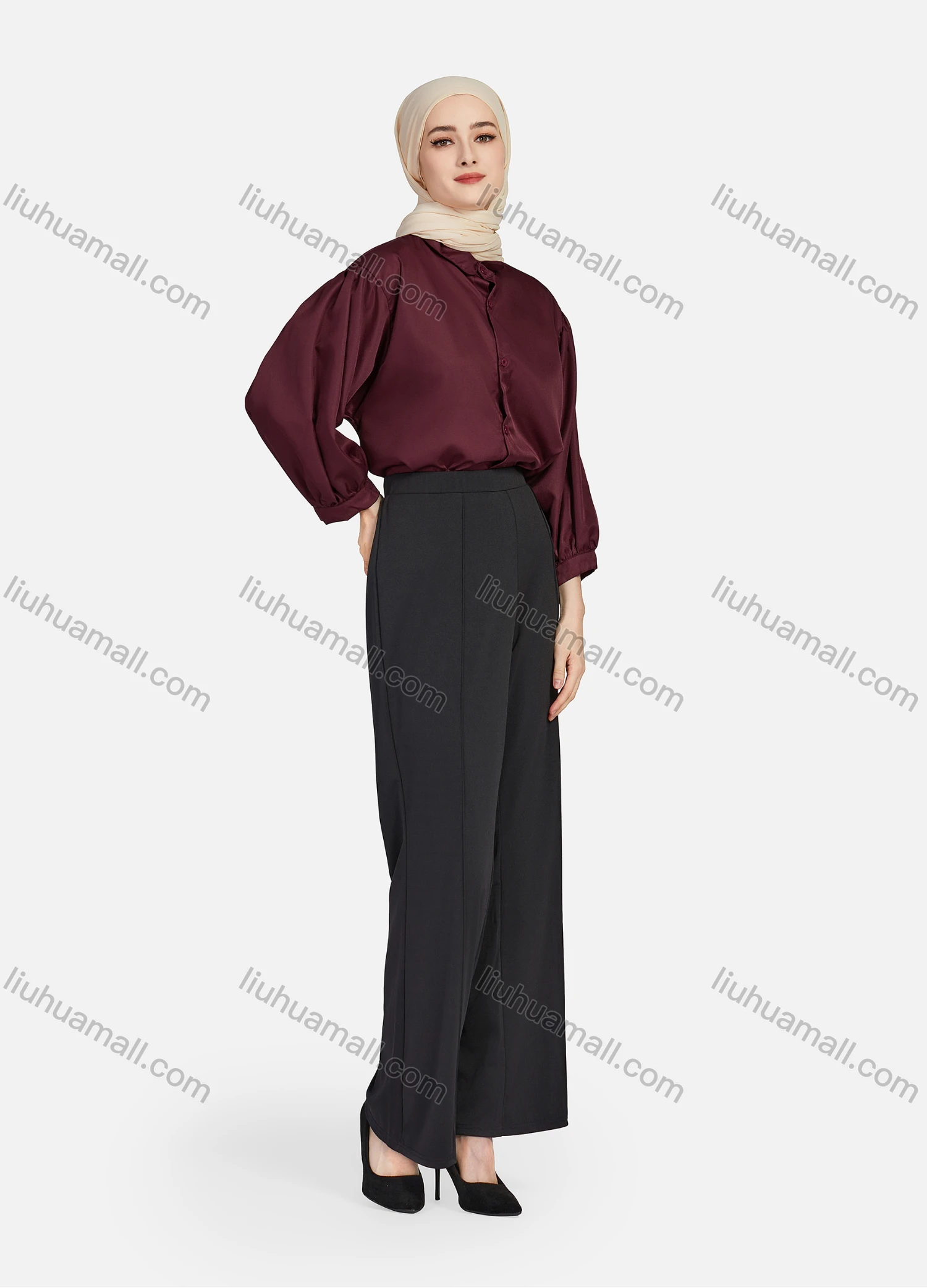 Wholesale Women's Casual Plain Collared 3/4 Sleeve Ruched Button Down Top 1412# - Liuhuamall
