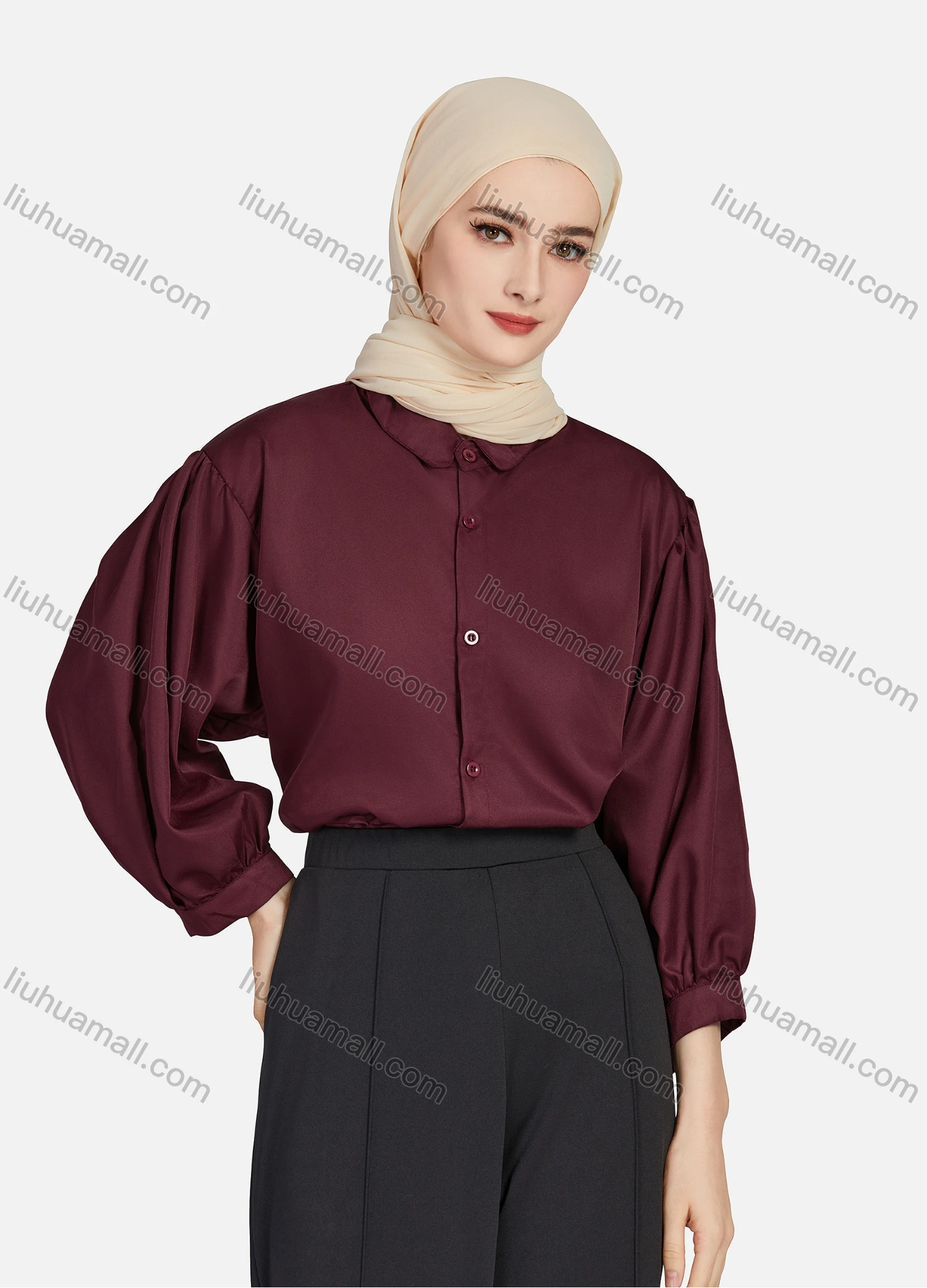 Wholesale Women's Casual Plain Collared 3/4 Sleeve Ruched Button Down Top 1412# - Liuhuamall