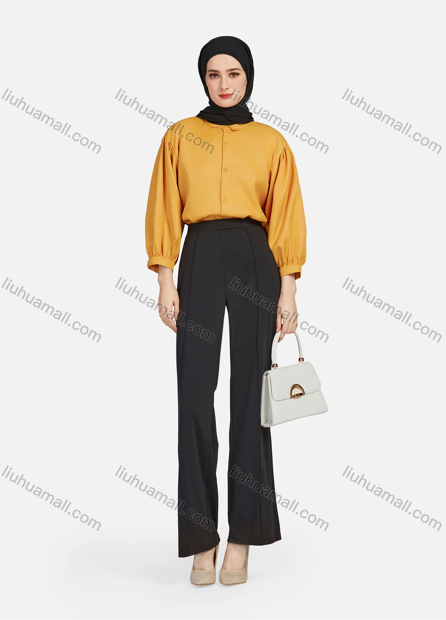 Wholesale Women's Casual Plain Collared 3/4 Sleeve Ruched Button Down Top 1412# - Liuhuamall