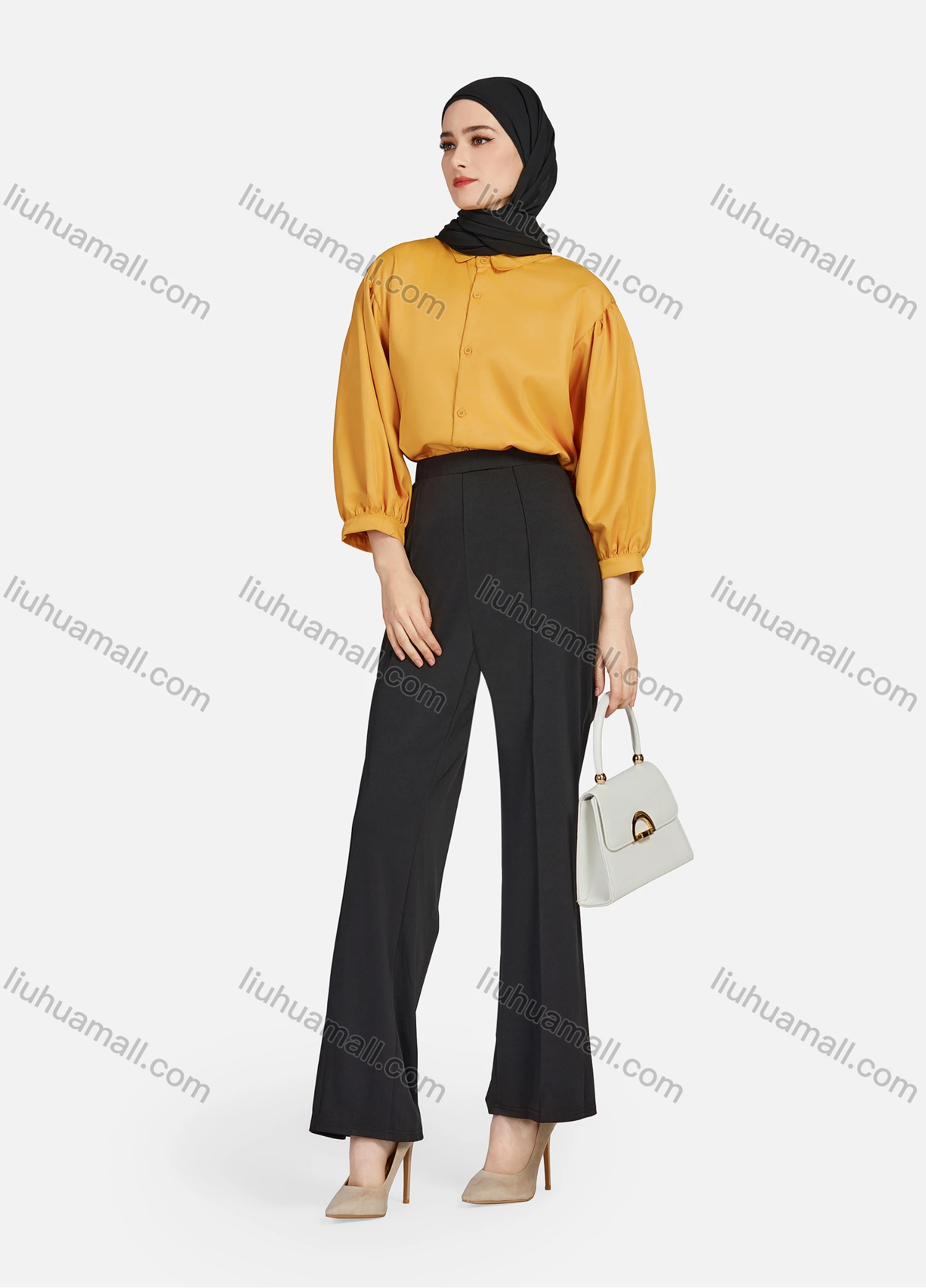 Wholesale Women's Casual Plain Collared 3/4 Sleeve Ruched Button Down Top 1412# - Liuhuamall