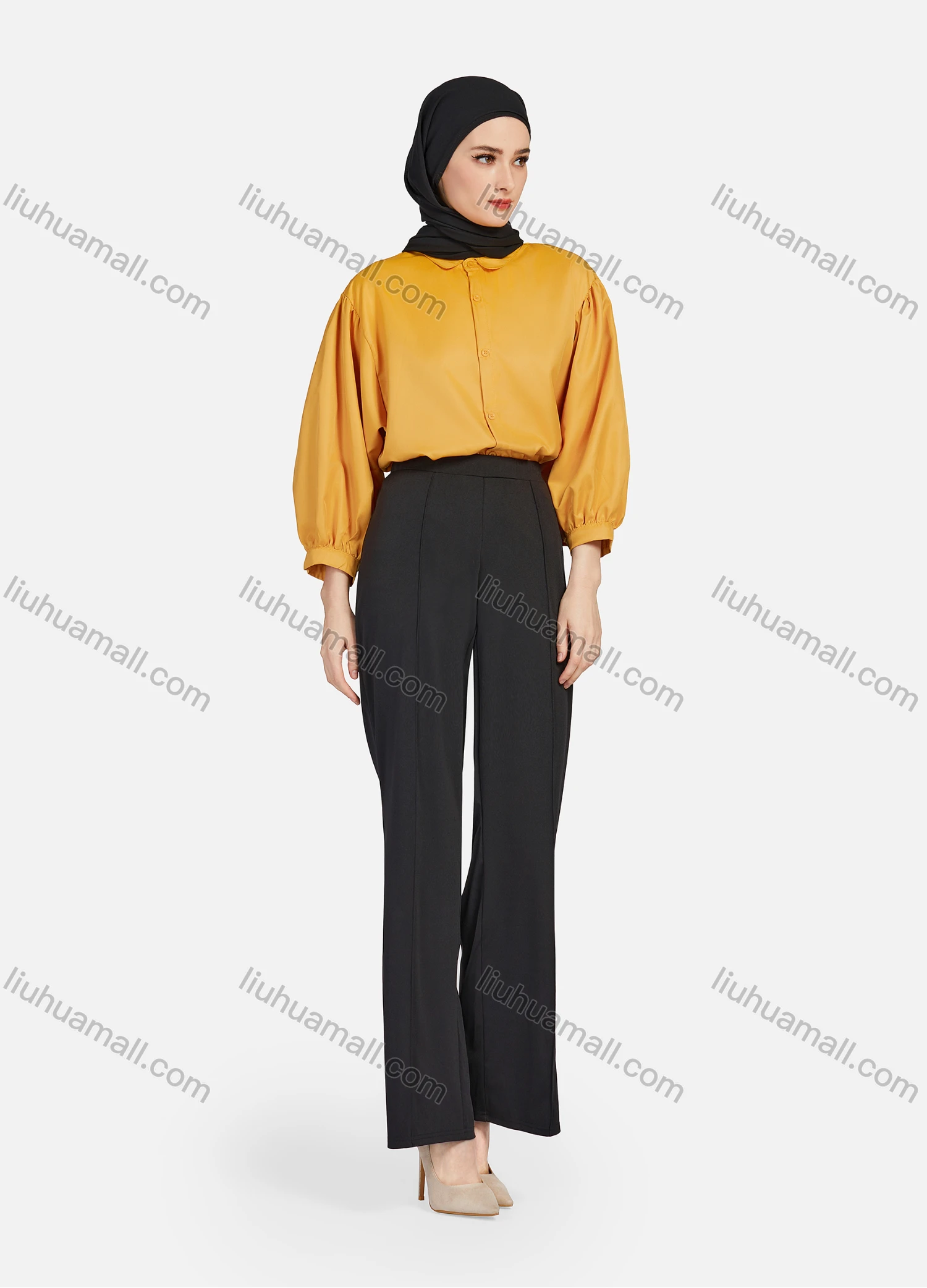 Wholesale Women's Casual Plain Collared 3/4 Sleeve Ruched Button Down Top 1412# - Liuhuamall