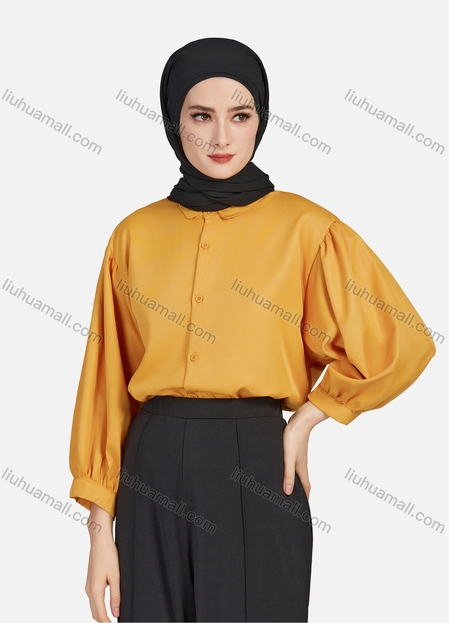 Wholesale Women's Casual Plain Collared 3/4 Sleeve Ruched Button Down Top 1412# - Liuhuamall