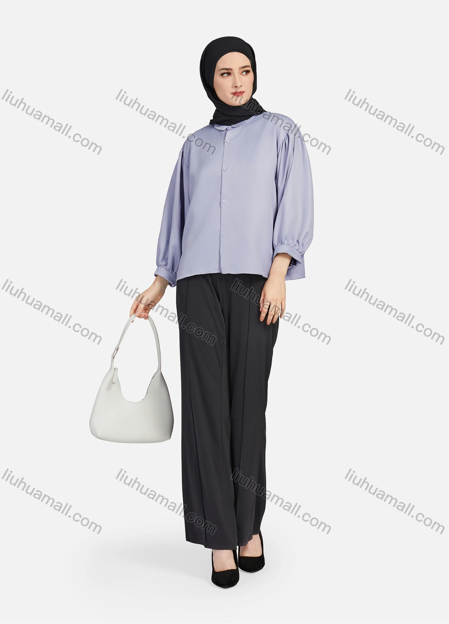 Wholesale Women's Casual Plain Collared 3/4 Sleeve Ruched Button Down Top 1412# - Liuhuamall