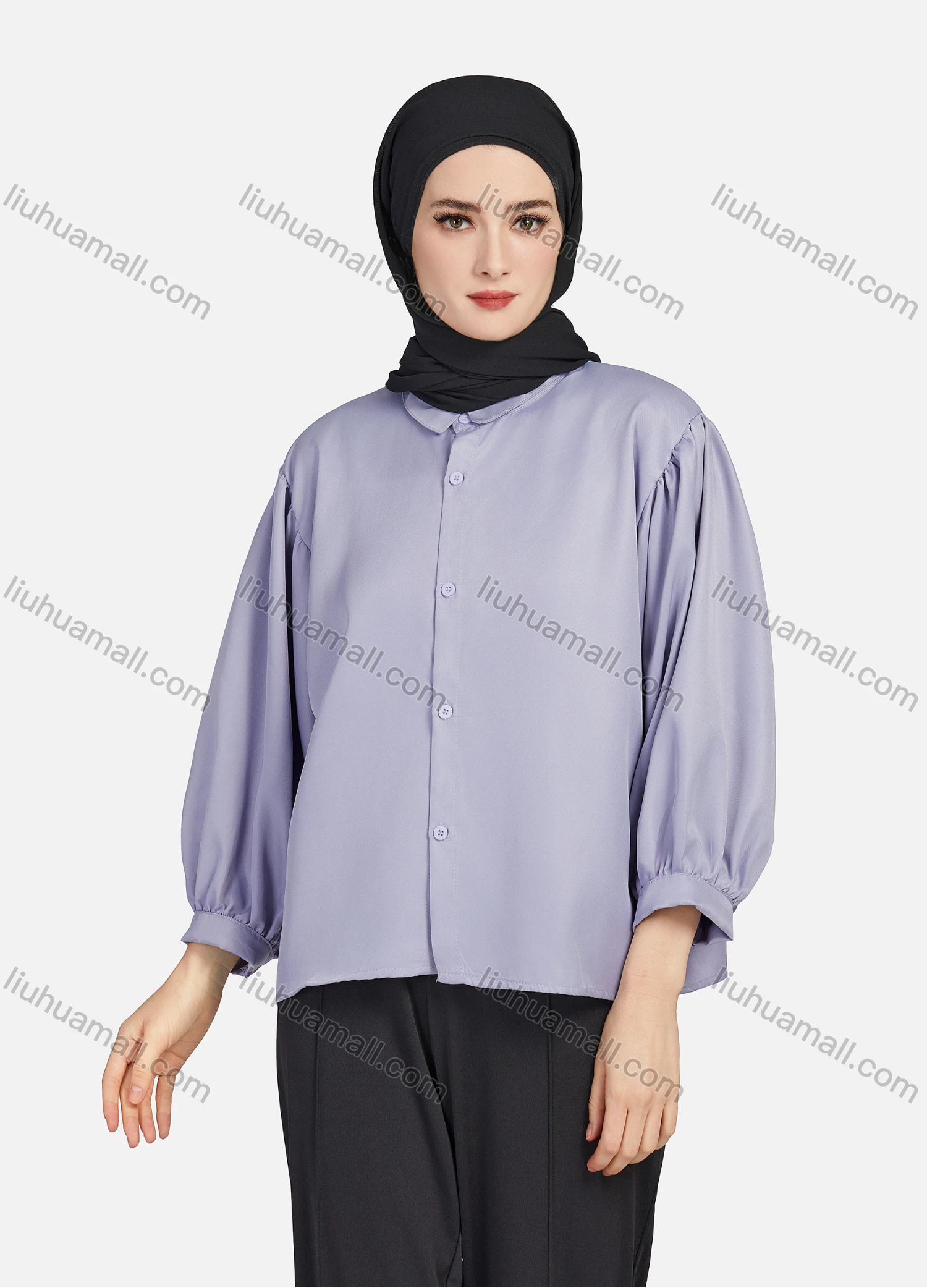 Wholesale Women's Casual Plain Collared 3/4 Sleeve Ruched Button Down Top 1412# - Liuhuamall