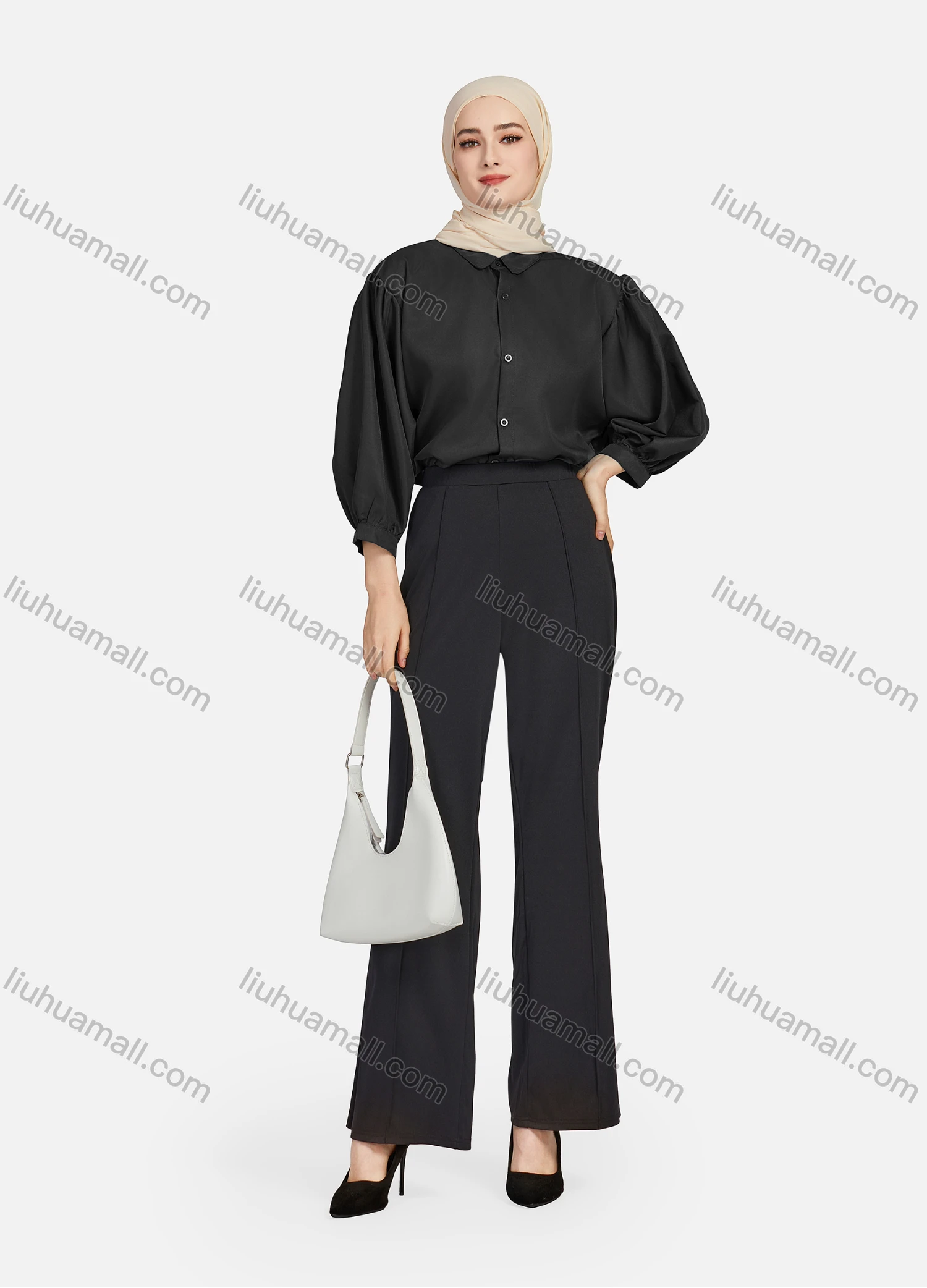 Wholesale Women's Casual Plain Collared 3/4 Sleeve Ruched Button Down Top 1412# - Liuhuamall