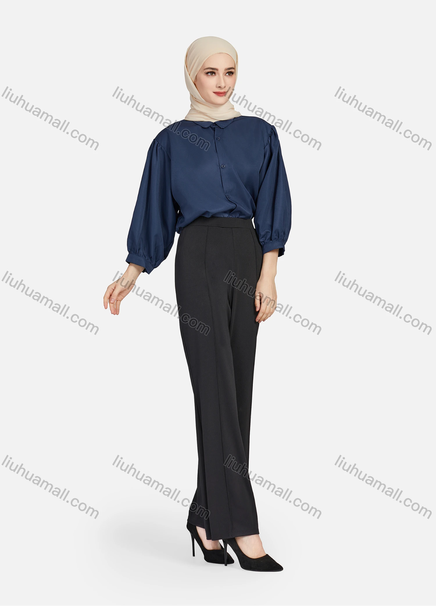 Wholesale Women's Casual Plain Collared 3/4 Sleeve Ruched Button Down Top 1412# - Liuhuamall