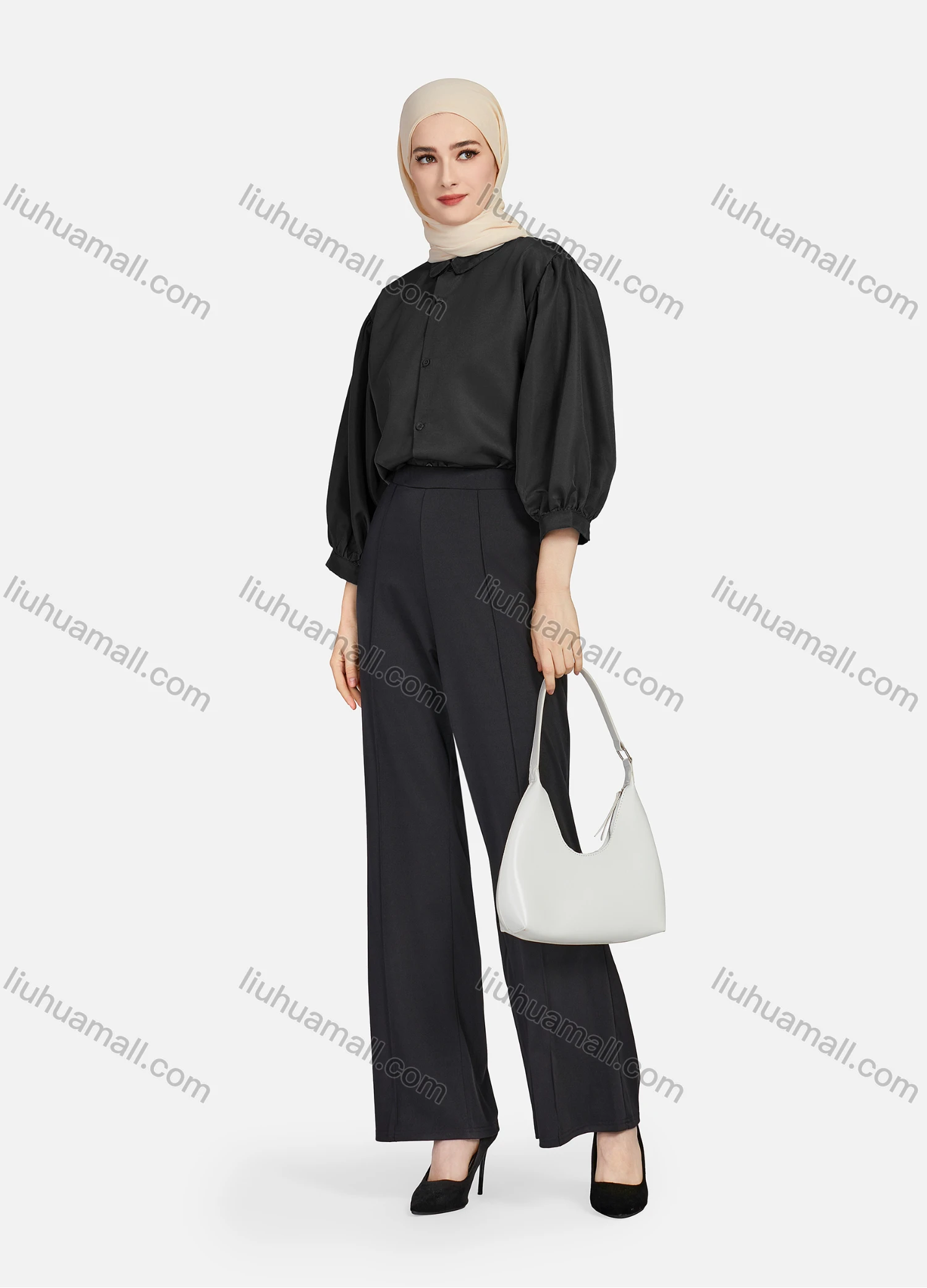 Wholesale Women's Casual Plain Collared 3/4 Sleeve Ruched Button Down Top 1412# - Liuhuamall