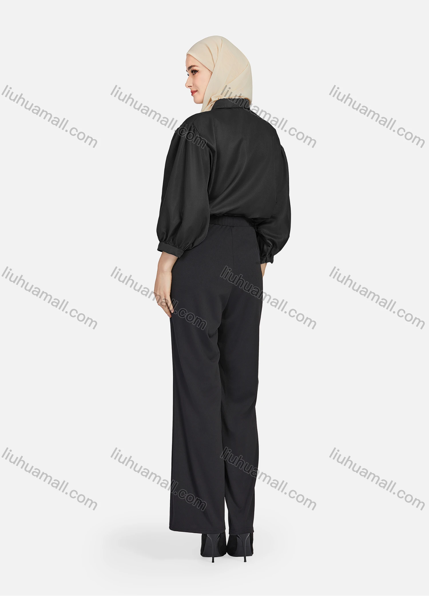Wholesale Women's Casual Plain Collared 3/4 Sleeve Ruched Button Down Top 1412# - Liuhuamall