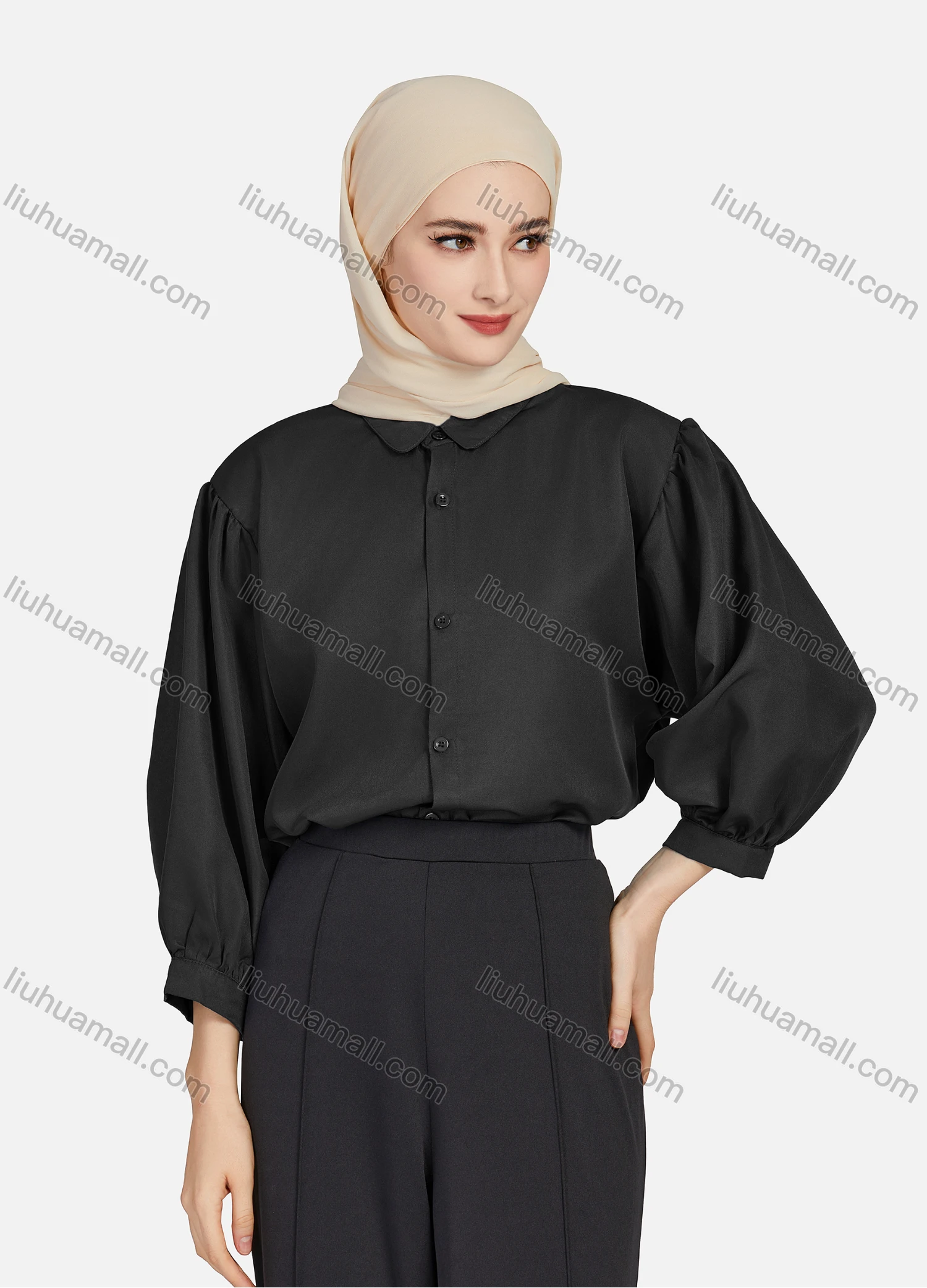 Wholesale Women's Casual Plain Collared 3/4 Sleeve Ruched Button Down Top 1412# - Liuhuamall