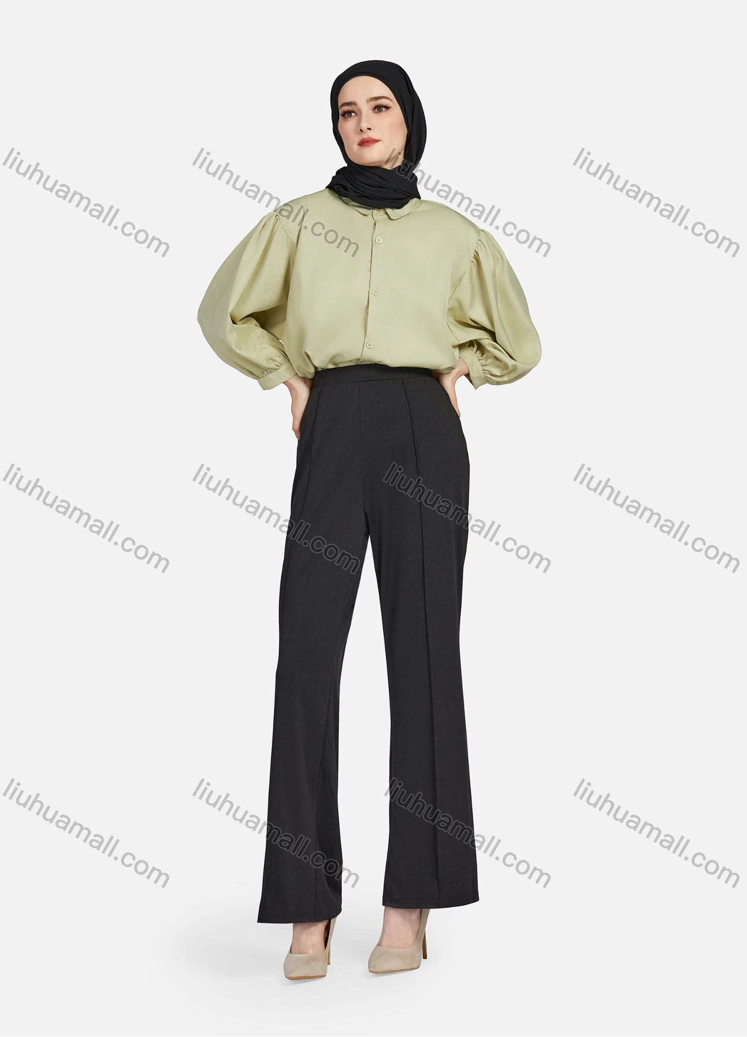 Wholesale Women's Casual Plain Collared 3/4 Sleeve Ruched Button Down Top 1412# - Liuhuamall