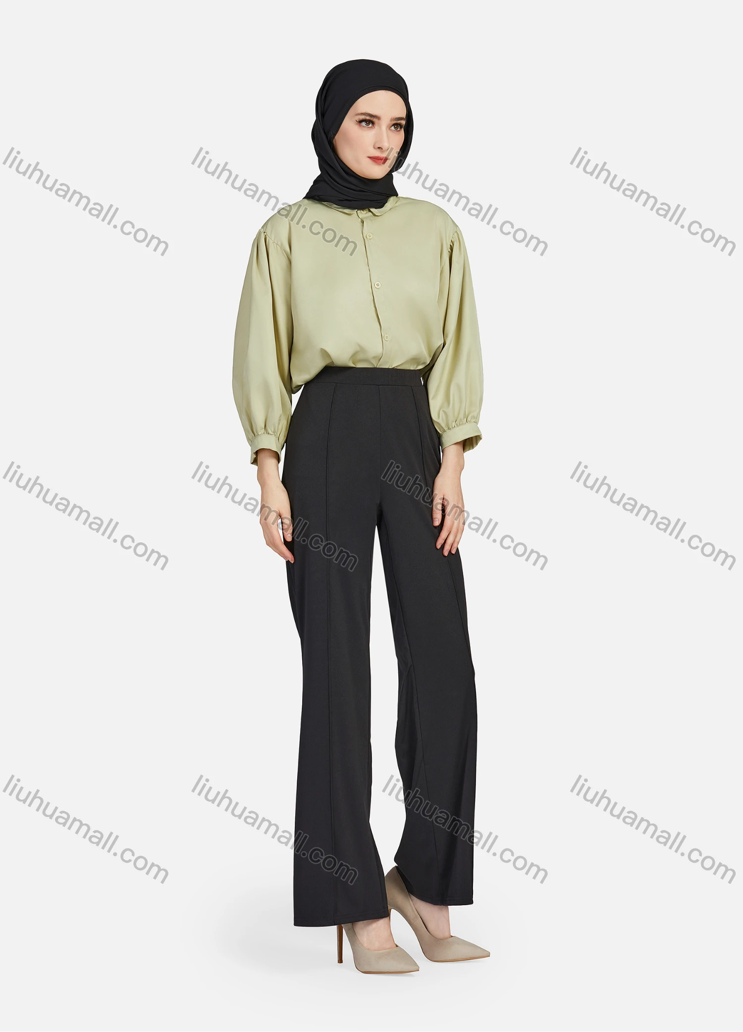 Wholesale Women's Casual Plain Collared 3/4 Sleeve Ruched Button Down Top 1412# - Liuhuamall