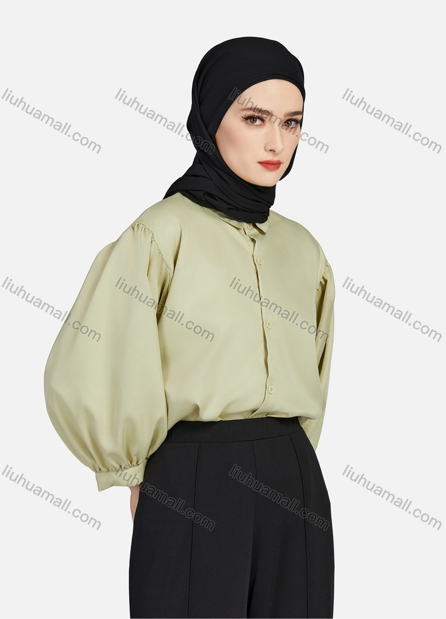 Wholesale Women's Casual Plain Collared 3/4 Sleeve Ruched Button Down Top 1412# - Liuhuamall