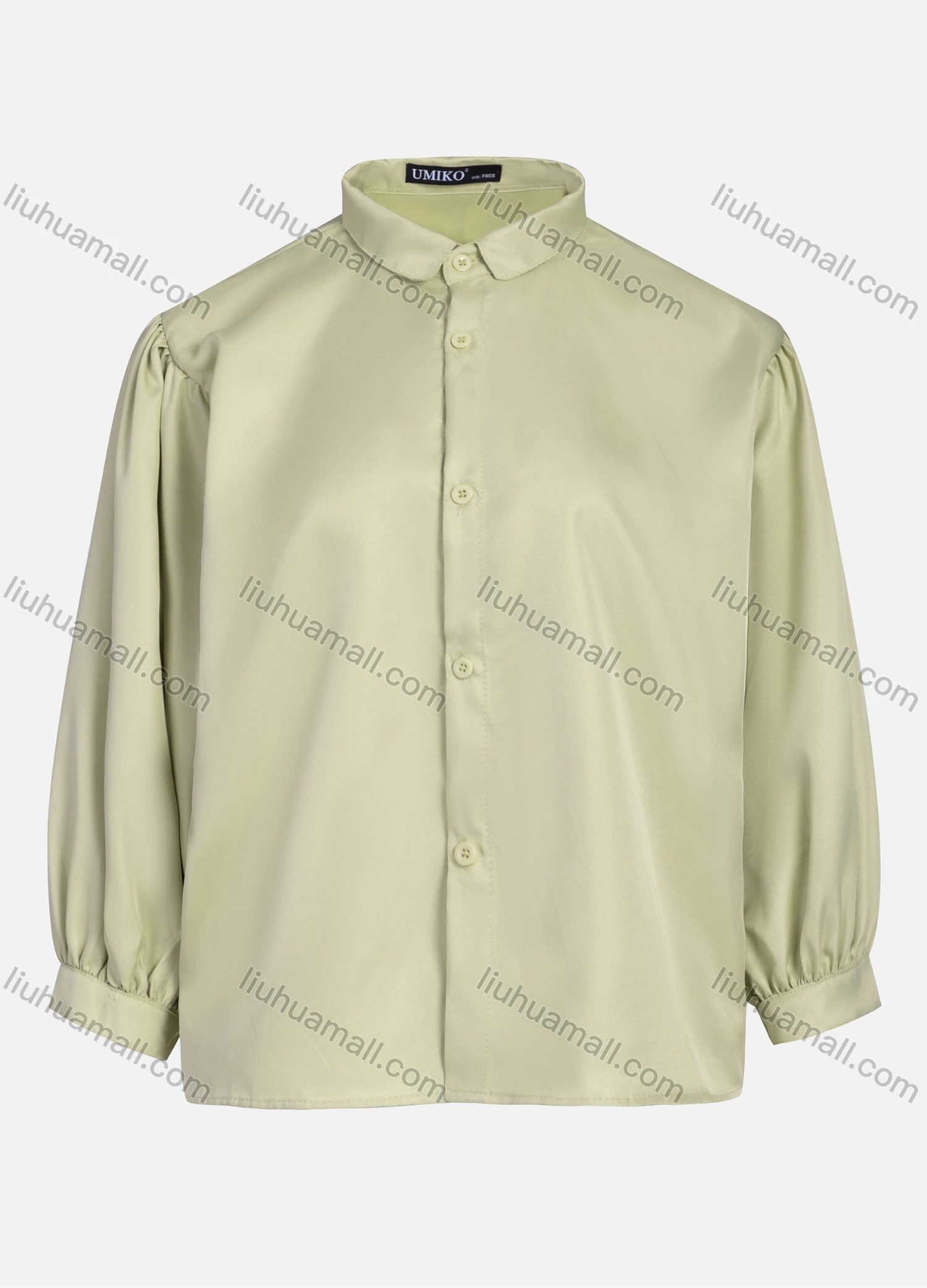 Wholesale Women's Casual Plain Collared 3/4 Sleeve Ruched Button Down Top 1412# - Liuhuamall