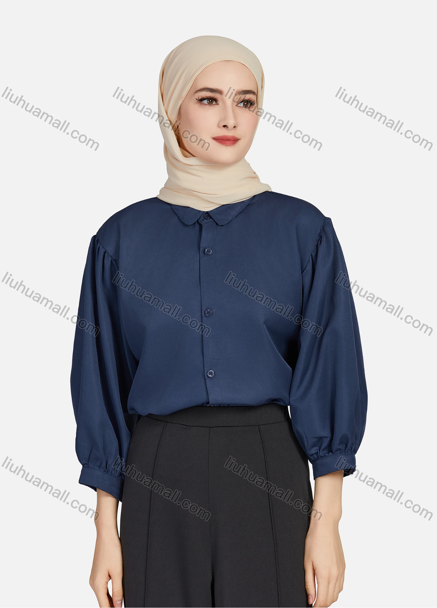 Wholesale Women's Casual Plain Collared 3/4 Sleeve Ruched Button Down Top 1412# - Liuhuamall