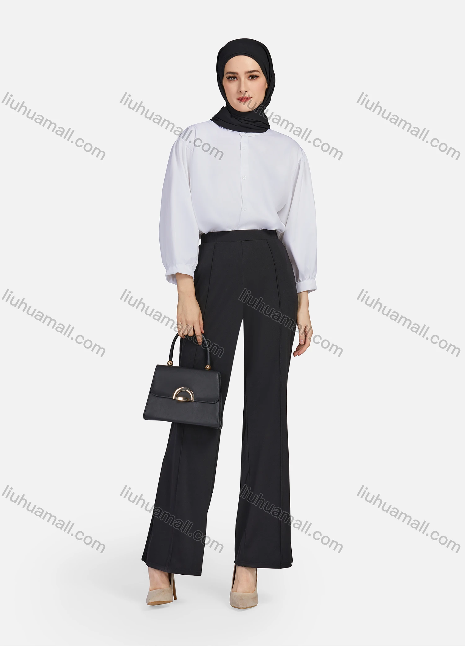 Wholesale Women's Casual Plain Collared 3/4 Sleeve Ruched Button Down Top 1412# - Liuhuamall