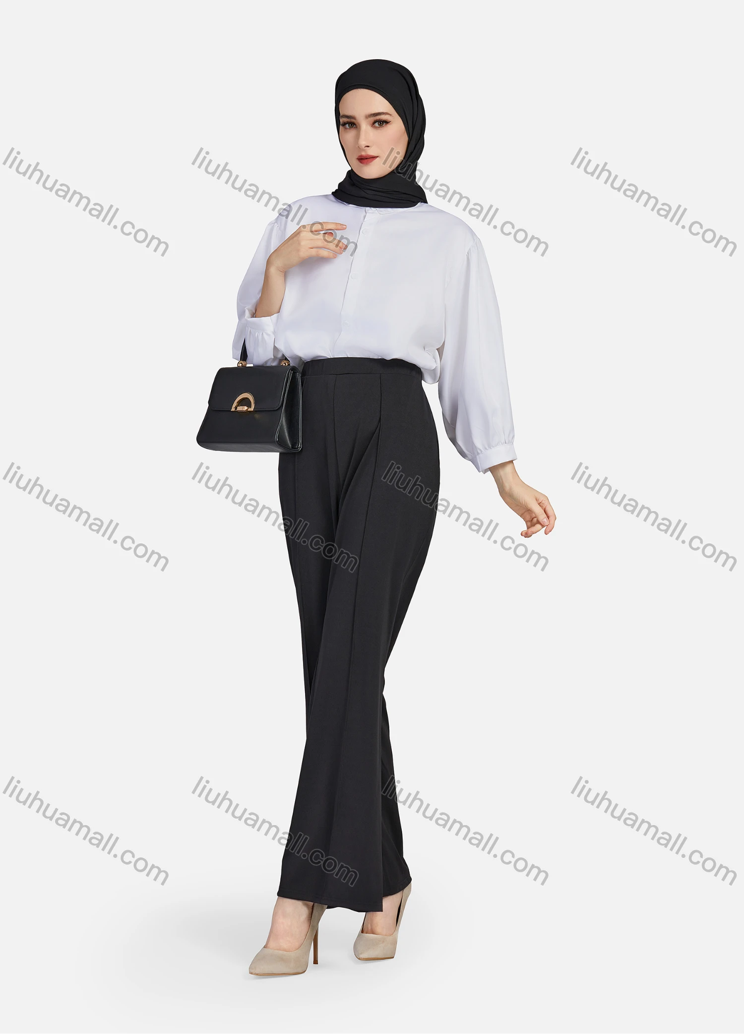 Wholesale Women's Casual Plain Collared 3/4 Sleeve Ruched Button Down Top 1412# - Liuhuamall