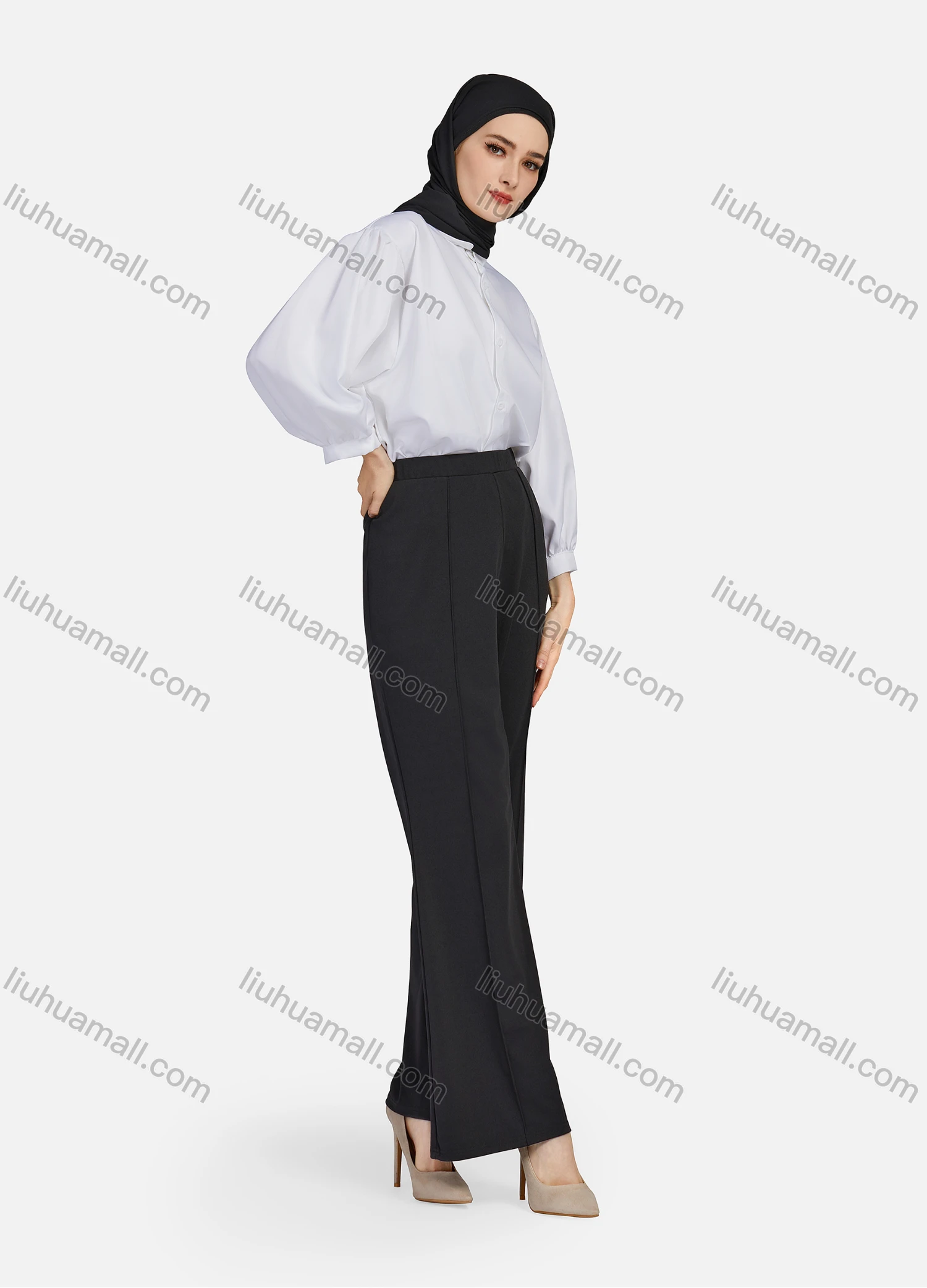 Wholesale Women's Casual Plain Collared 3/4 Sleeve Ruched Button Down Top 1412# - Liuhuamall
