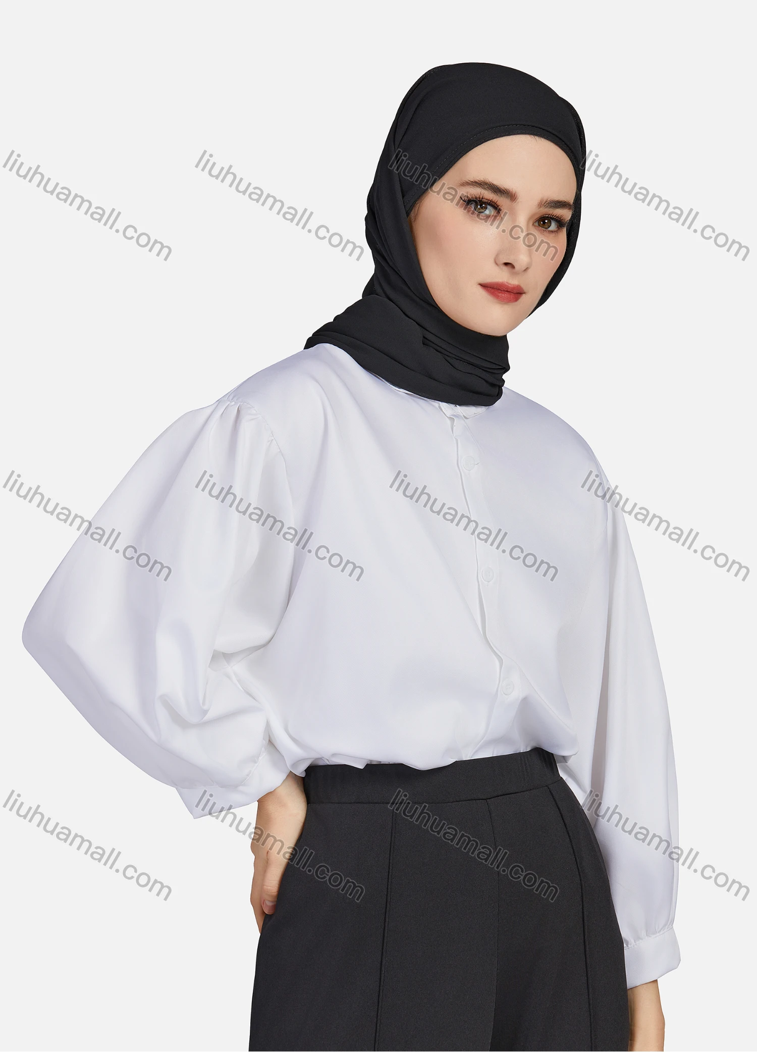 Wholesale Women's Casual Plain Collared 3/4 Sleeve Ruched Button Down Top 1412# - Liuhuamall