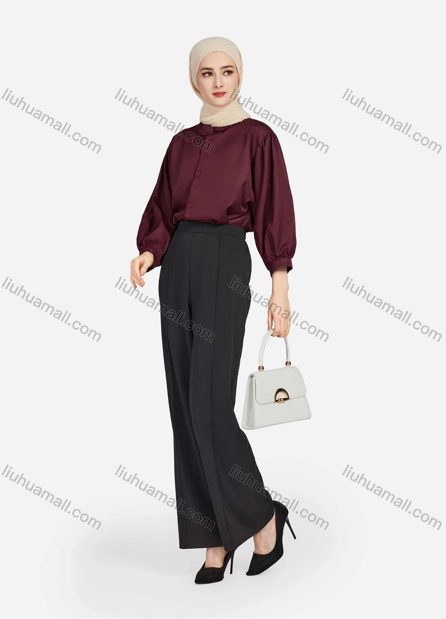 Wholesale Women's Casual Plain Collared 3/4 Sleeve Ruched Button Down Top 1412# - Liuhuamall