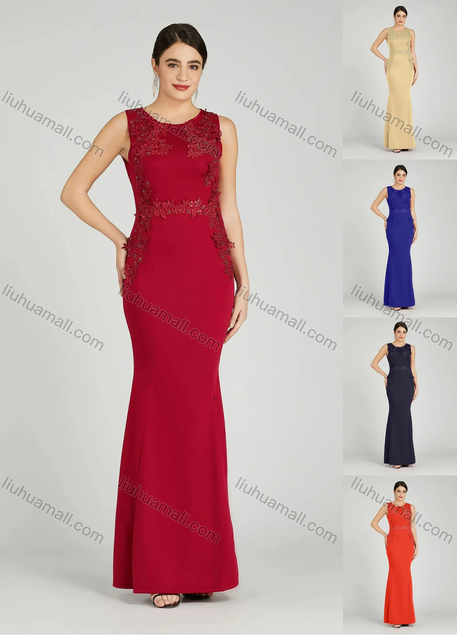 Wholesale Women's Elegant Sleeveless Sequin Applique Mermaid Split Hem Evening Dress 5029# - Liuhuamall