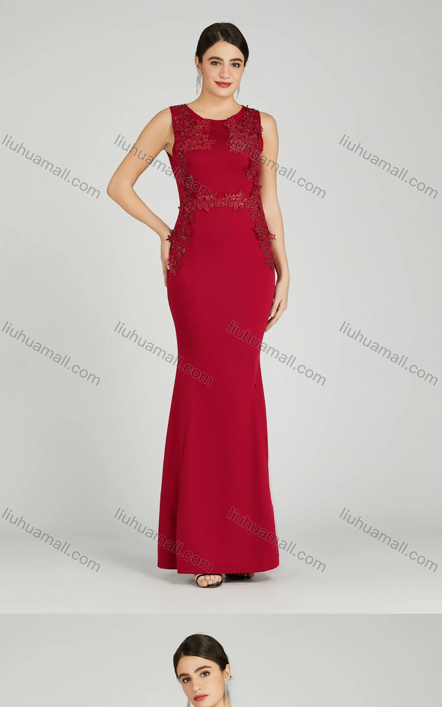 Wholesale Women's Elegant Sleeveless Sequin Applique Mermaid Split Hem Evening Dress 5029# - Liuhuamall